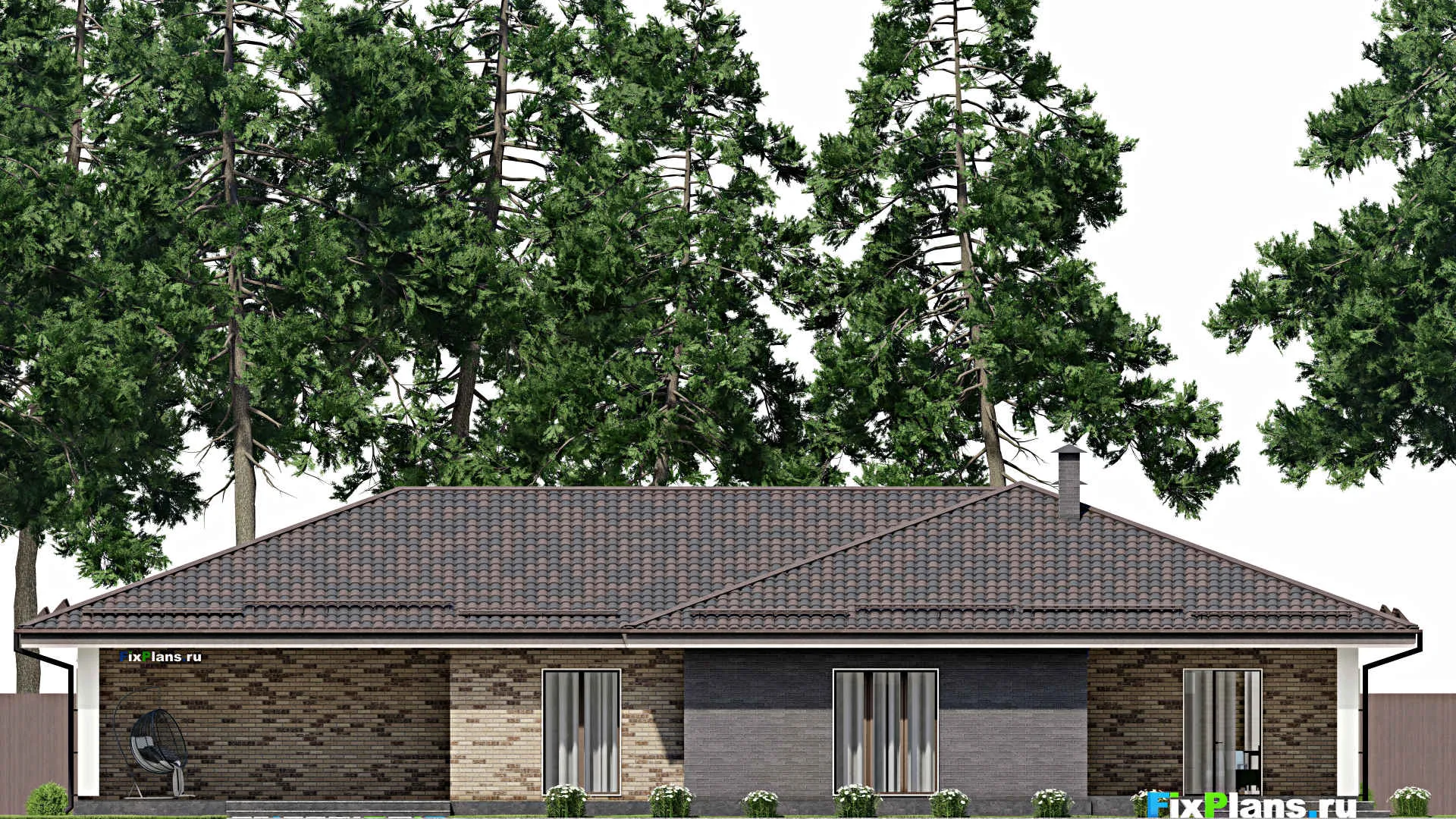 F-6740 - План одноэтажного дома 15 на 25, площадью 270 м² с террасой, гаражом на 2 машины и 3 спальнями