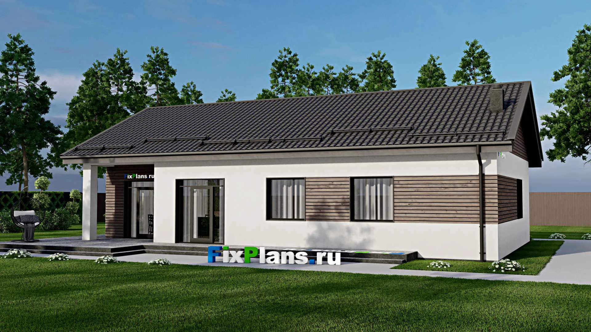 F-3149 - Проект одноэтажного дома 11 на 17, площадью 180 м² с террасой, баней и 3 спальнями