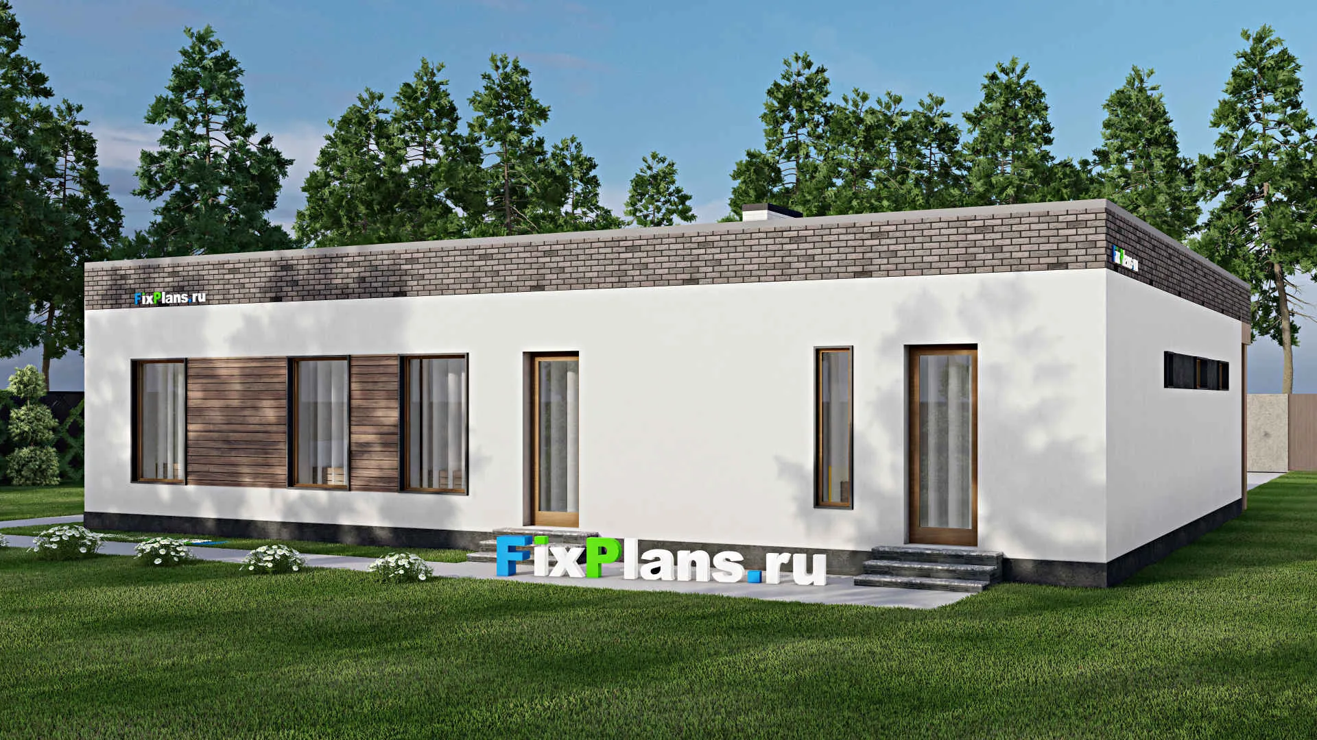 F-9008 - Проект одноэтажного дома 14 на 17, площадью 170 м² с баней, гаражом на 1 машину и 2 спальнями