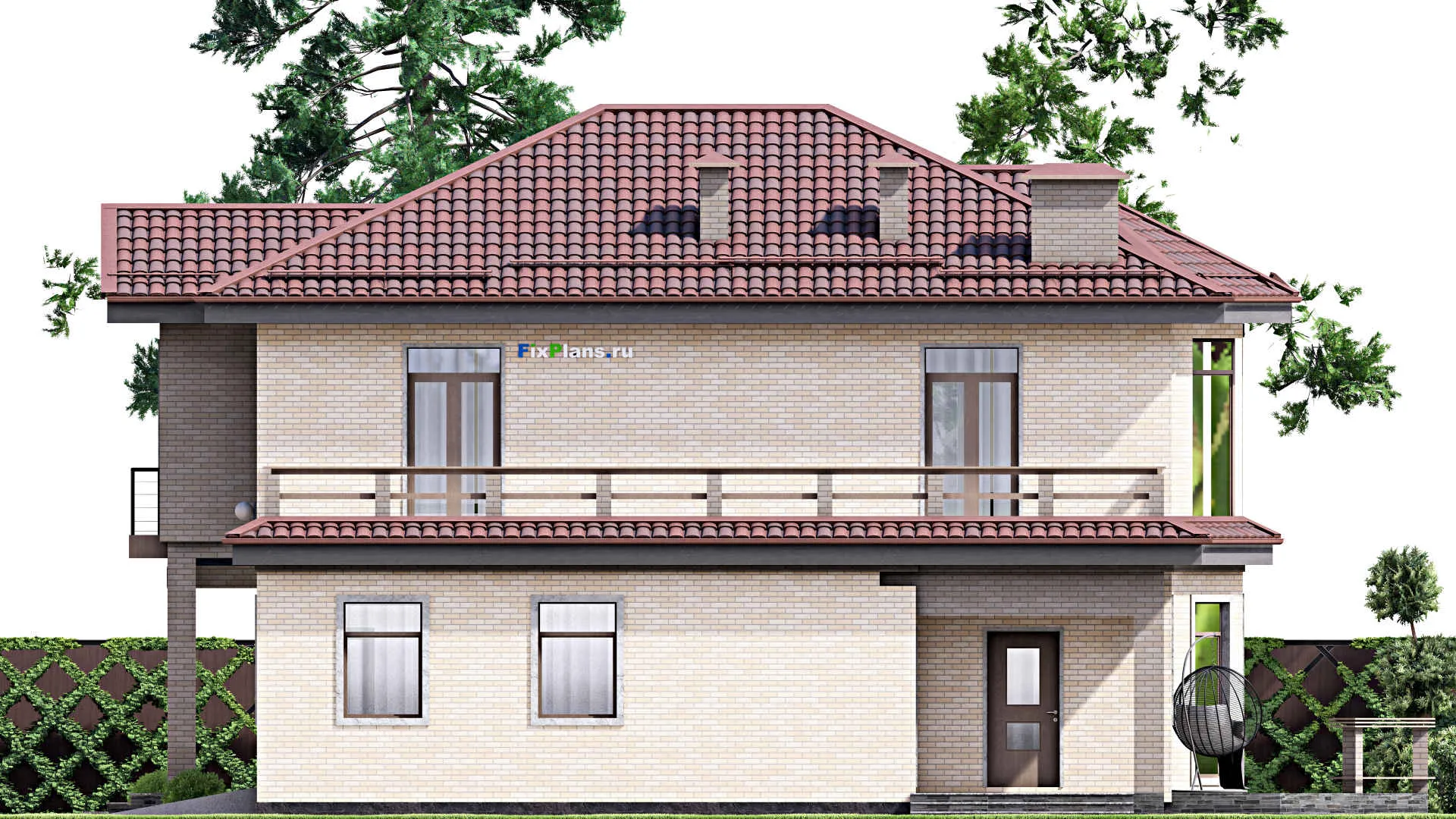 F-12716 - Проект двухэтажного дома 14 на 18, площадью 300 м² с террасой, балконом, гаражом на 1 машину и 3 спальнями