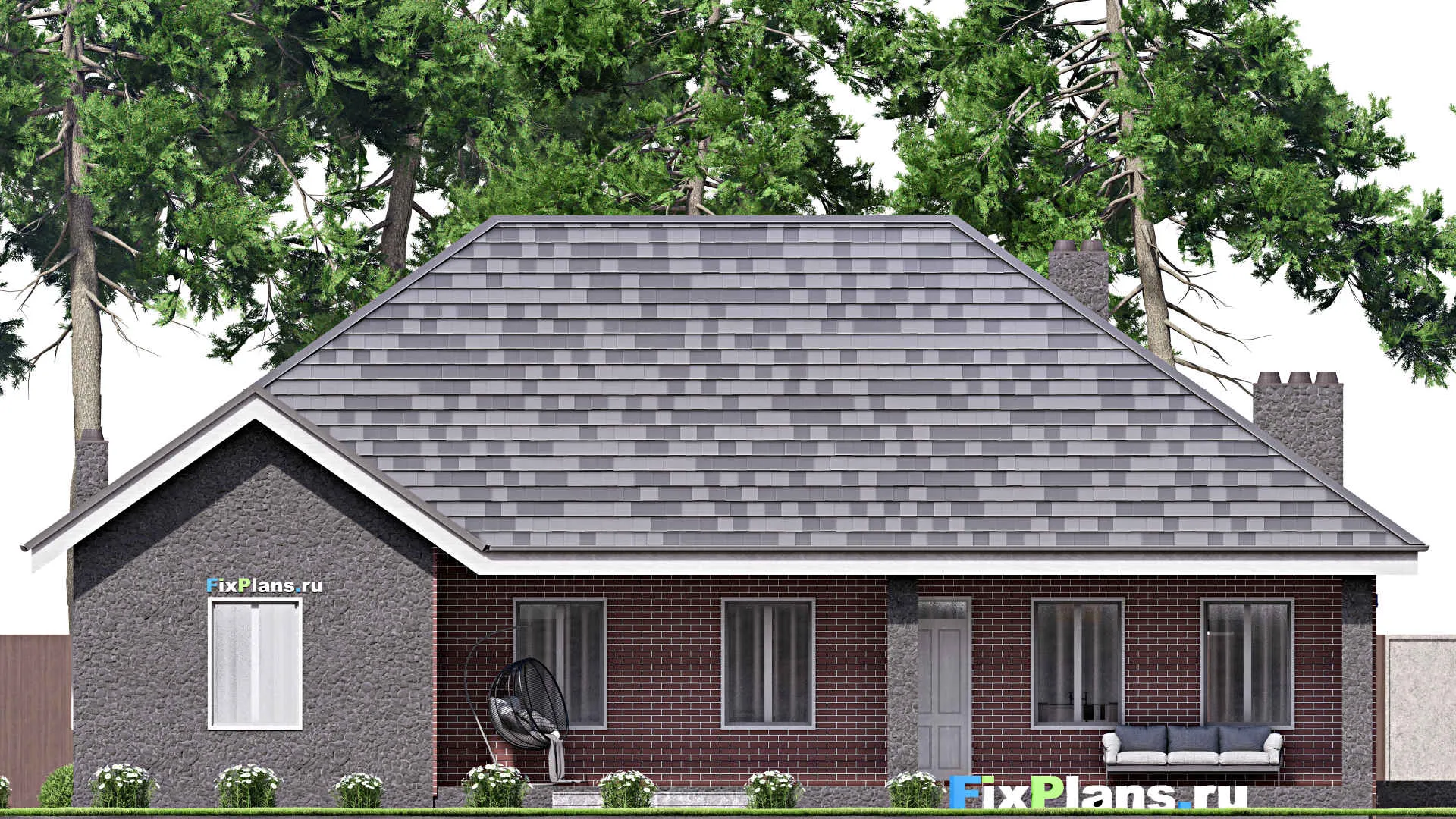 F-16721 - План одноэтажного дома 14 на 18, площадью 180 м² с террасой, гаражом на 2 машины и 2 спальнями