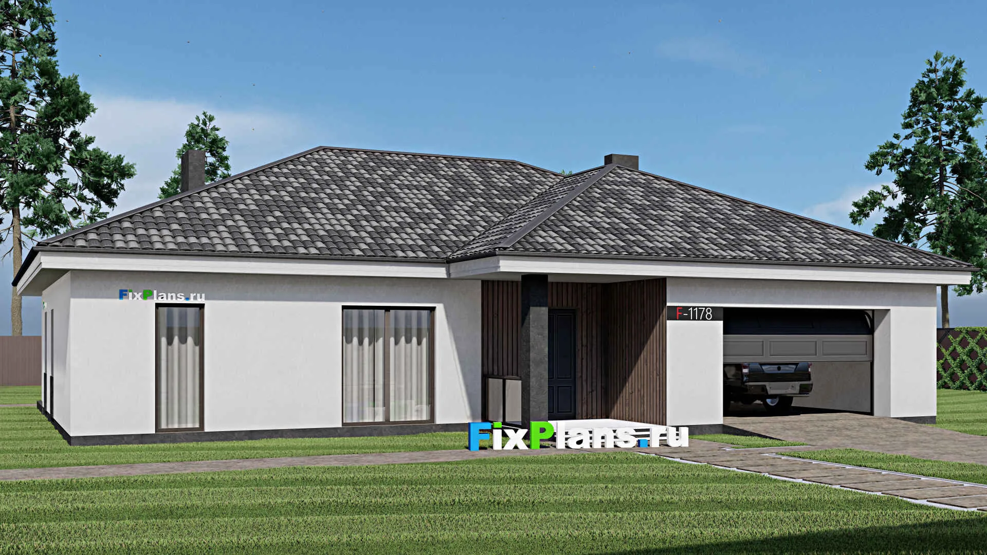 F-1178 - Проект одноэтажного дома 16 на 19, площадью 220 м² с террасой, гаражом на 2 машины и 2 спальнями