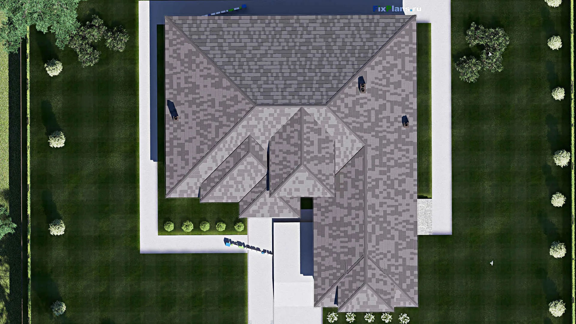 F-17297 - План одноэтажного дома 20 на 24, площадью 300 м² с террасой, гаражом на 2 машины и 4 спальнями