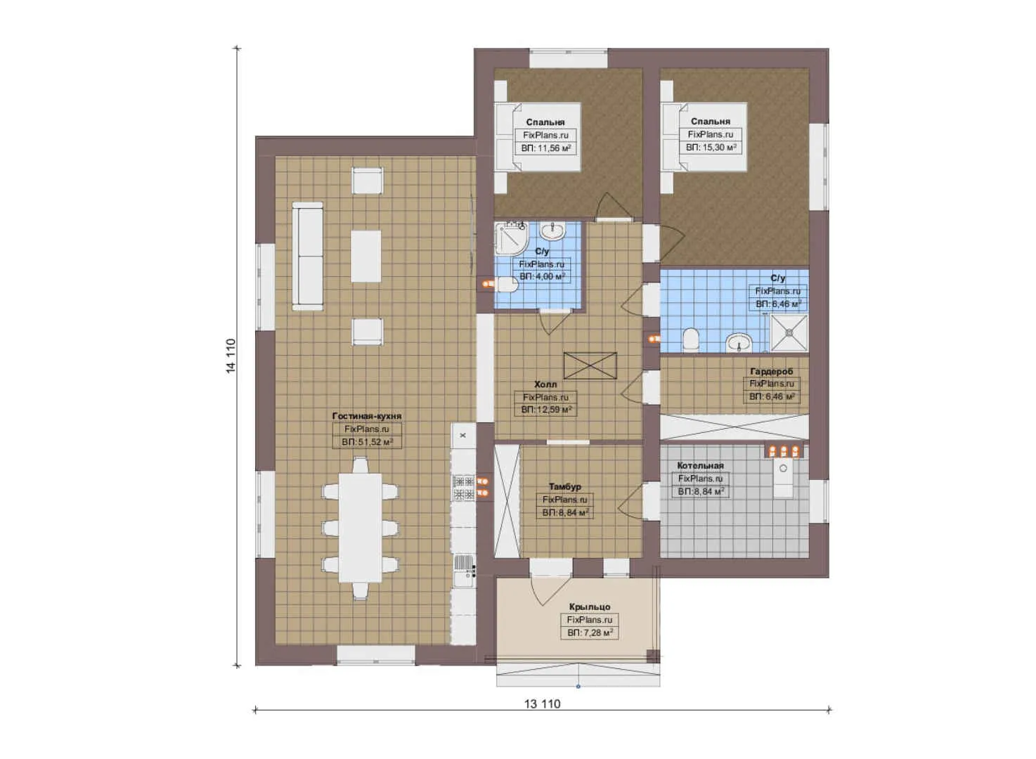 F-17630 - План одноэтажного дома 14 на 15, площадью 140 м² с 2 спальнями