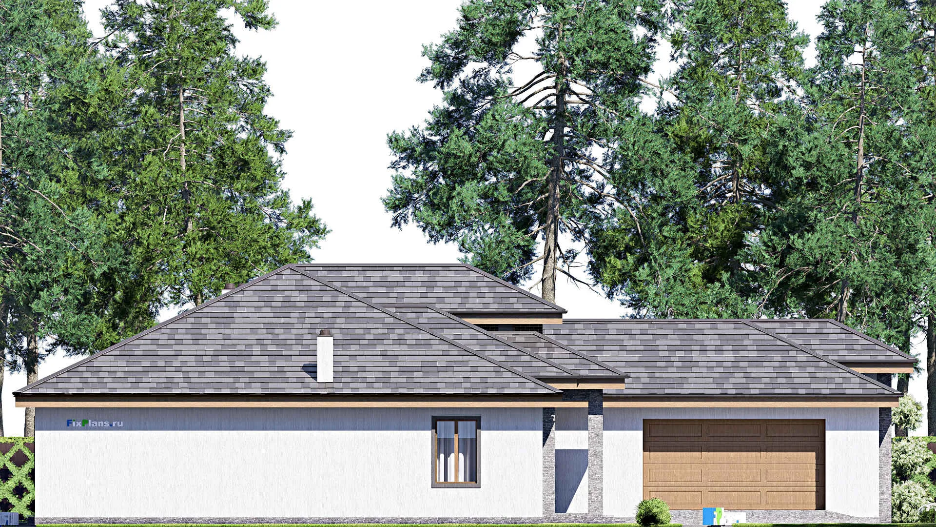 F-17297 - План одноэтажного дома 20 на 24, площадью 300 м² с террасой, гаражом на 2 машины и 4 спальнями