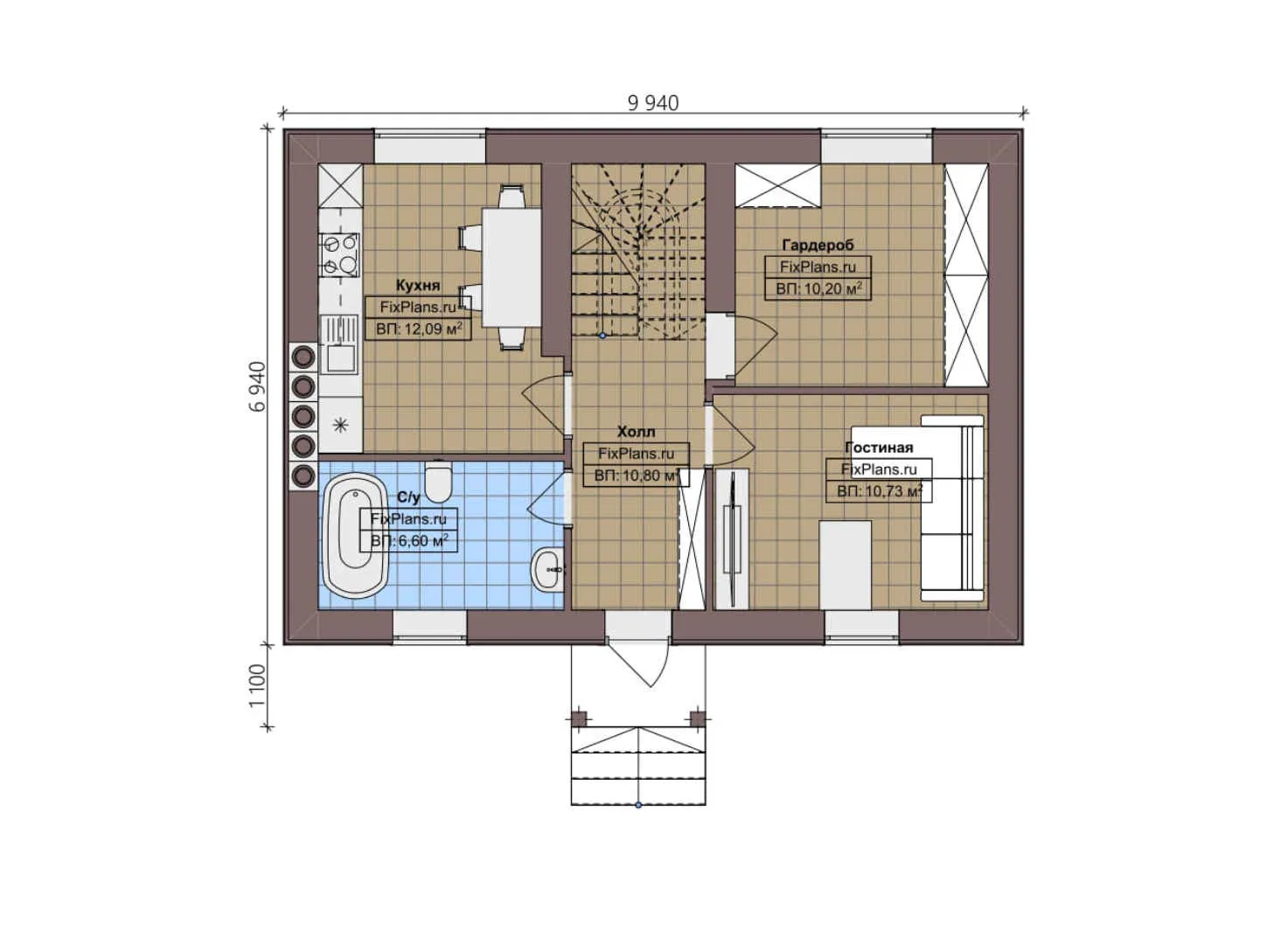 F-3473 - Планы дома с мансардой 7 на 10, площадью 100 м² с 2 спальнями