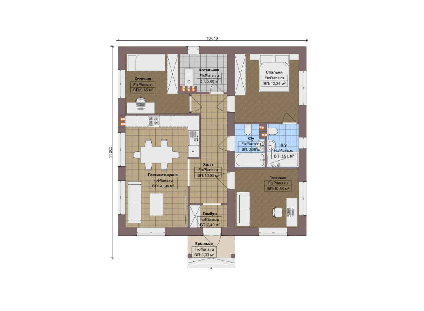 F-13823 - План одноэтажного дома 11 на 12, площадью 90 м² с 2 спальнями