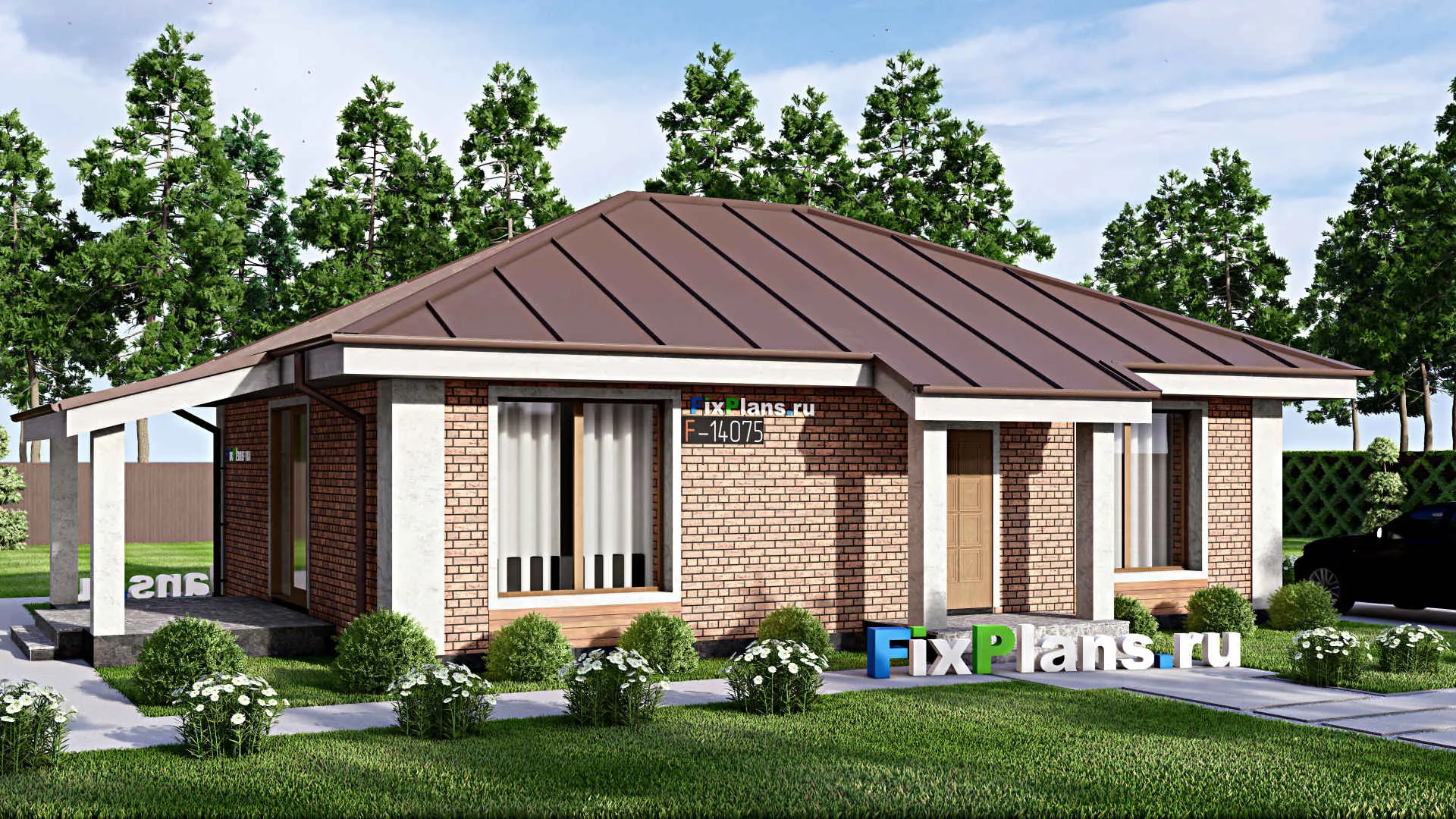 F-14075 - Проект одноэтажного дома 11 на 15, площадью 100 м² с террасой и 2 спальнями