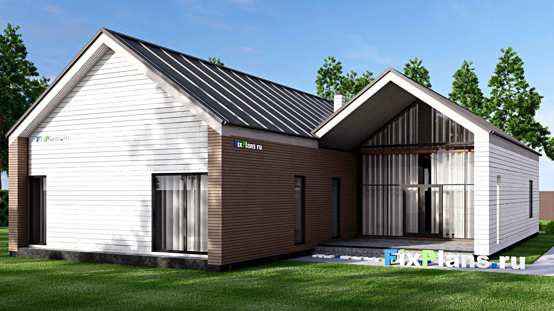 F-16073 - Проект одноэтажного дома 15 на 23, площадью 230 м² с террасой, гаражом на 2 машины и 4 спальнями