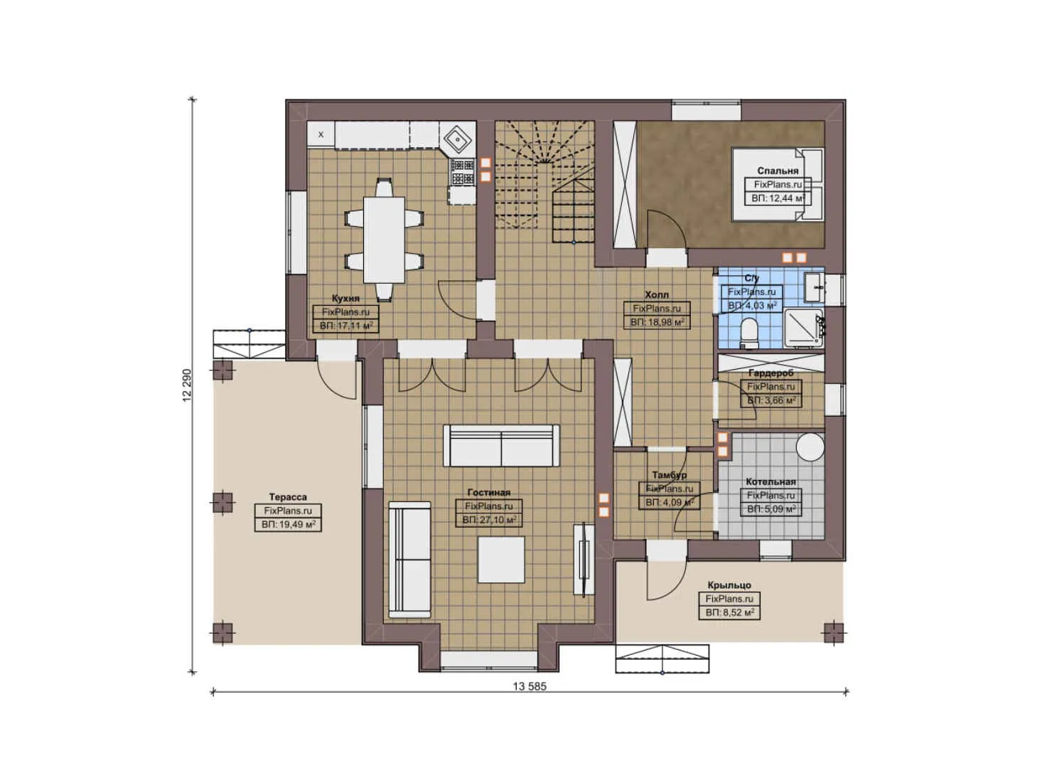 F-11123 - Планы двухэтажного дома 13 на 14, площадью 240 м² с террасой, балконом и 4 спальнями