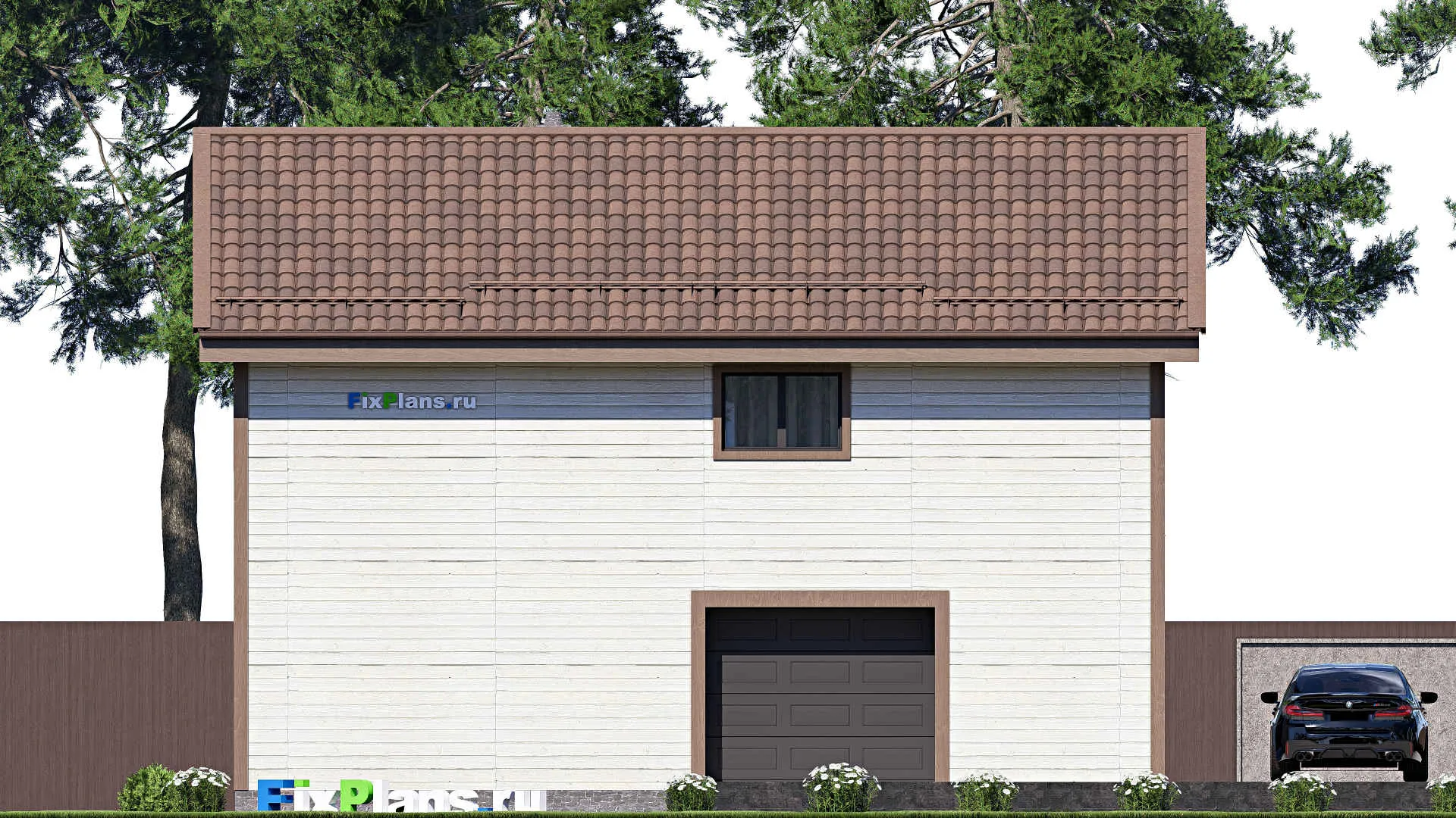 F-17459 - Проект дома с мансардой 7 на 12, площадью 110 м² с гаражом на 2 машины и 1 спальнями