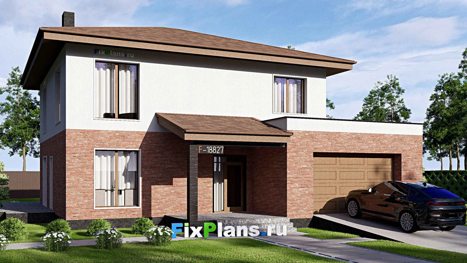 F-18827 - Проект двухэтажного дома 16 на 17, площадью 310 м² с террасой, баней, гаражом на 2 машины и 3 спальнями