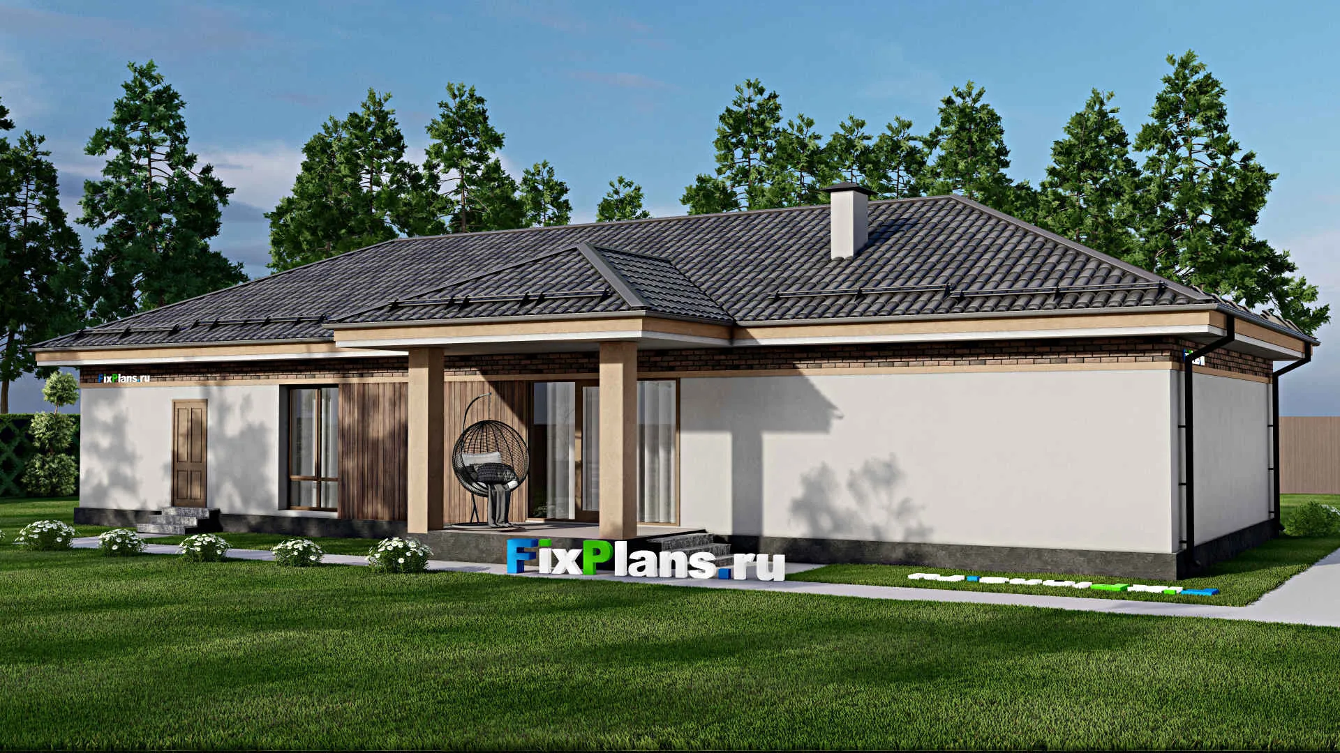 F-8729 - План одноэтажного дома 12 на 23, площадью 170 м² с террасой, гаражом на 1 машину и 3 спальнями