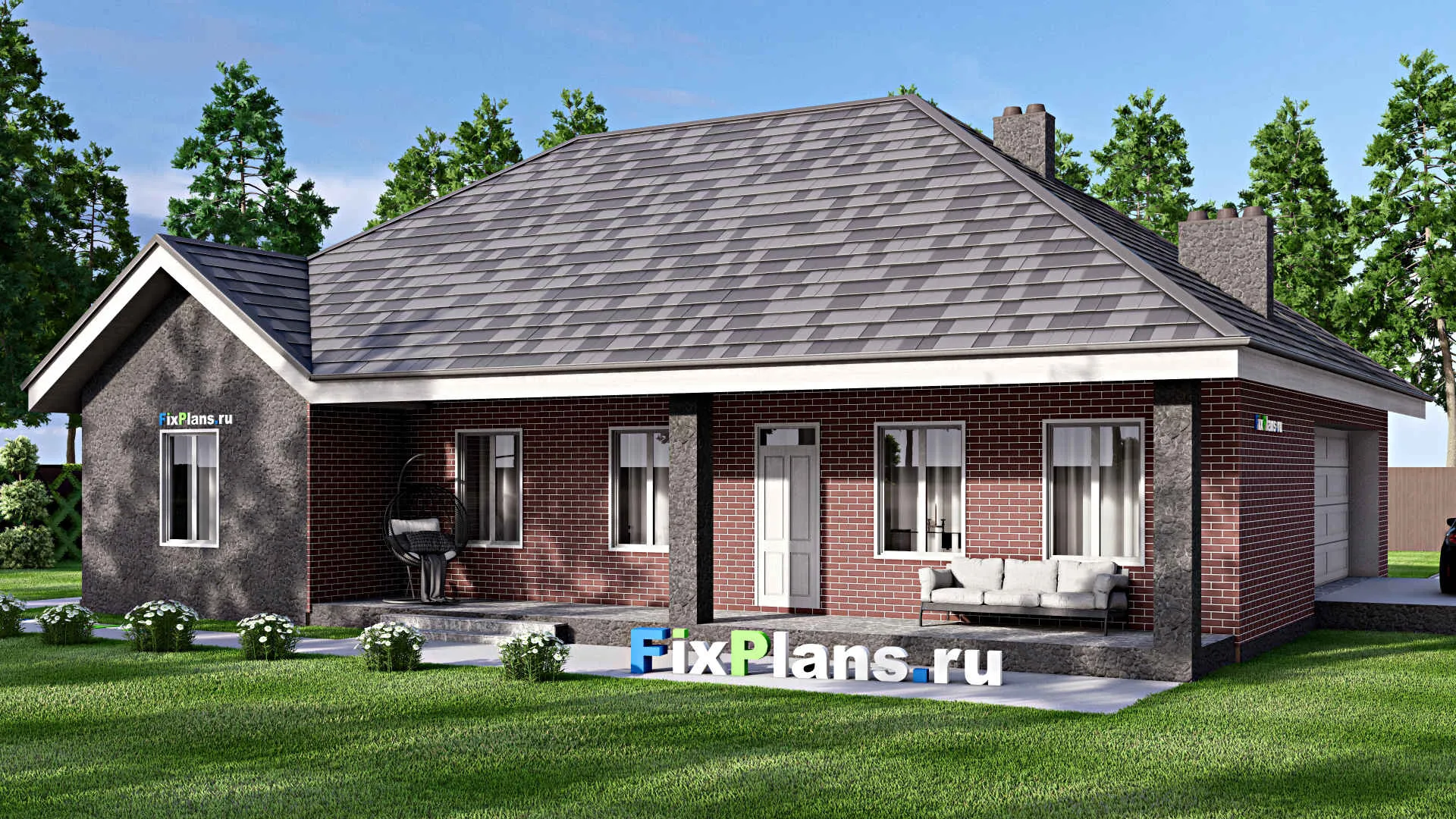 F-16721 - План одноэтажного дома 14 на 18, площадью 180 м² с террасой, гаражом на 2 машины и 2 спальнями