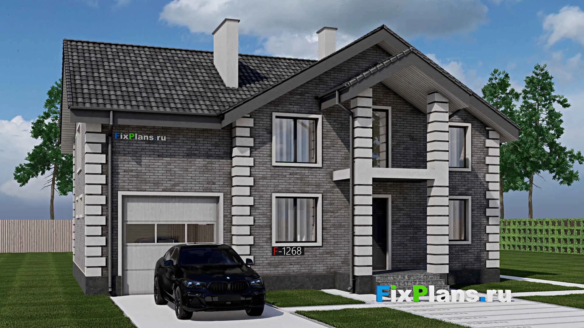 F-1268 - Проект дома с мансардой 10 на 14, площадью 230 м² с террасой, балконом, гаражом на 1 машину и 5 спальнями