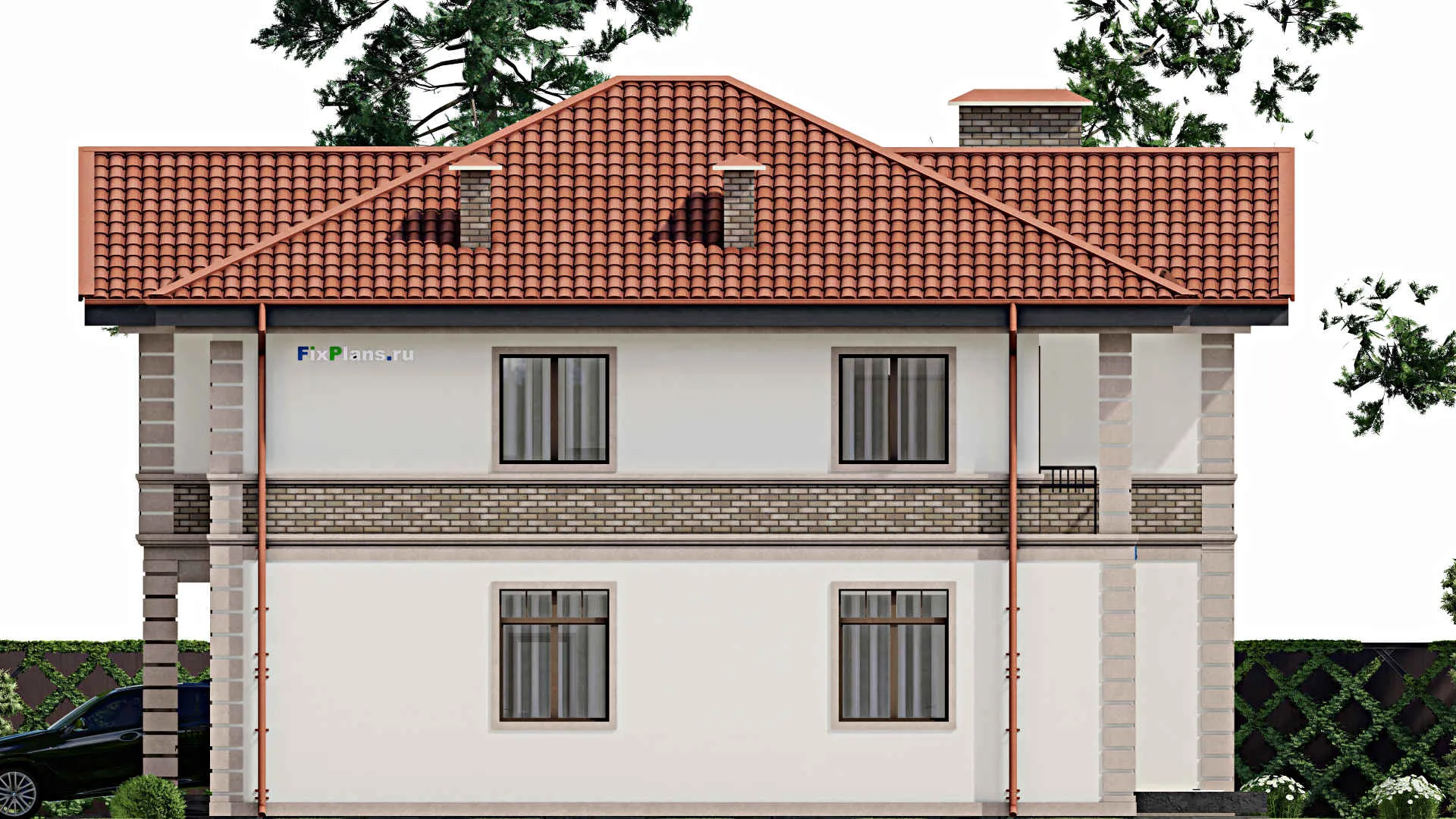 F-9701 - Проект двухэтажного дома 15 на 18, площадью 330 м² с террасой, балконом и 5 спальнями