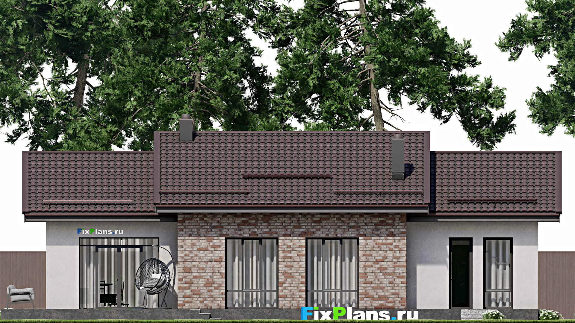 F-2060 - Проект одноэтажного дома 12 на 17, площадью 160 м² с террасой, гаражом на 1 машину и 3 спальнями