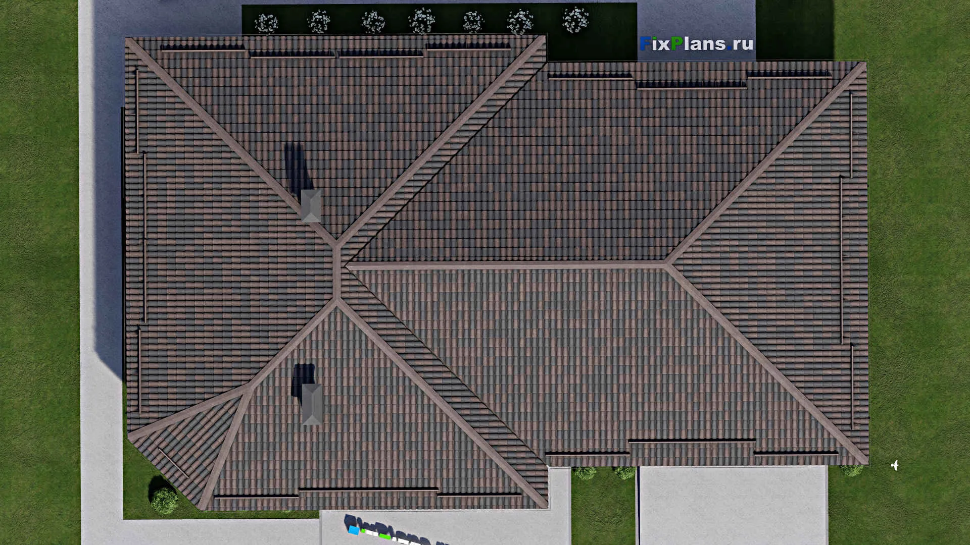 F-6740 - План одноэтажного дома 15 на 25, площадью 270 м² с террасой, гаражом на 2 машины и 3 спальнями