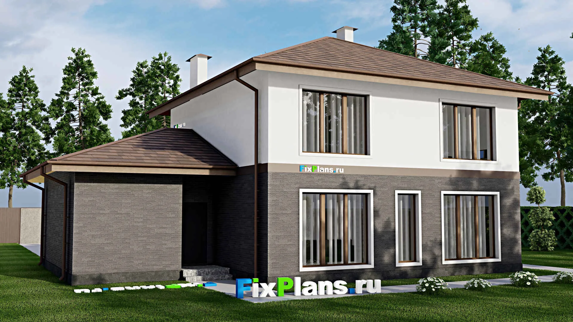 F-11789 - Планы двухэтажного дома 12 на 16, площадью 190 м² с гаражом на 1 машину и 4 спальнями