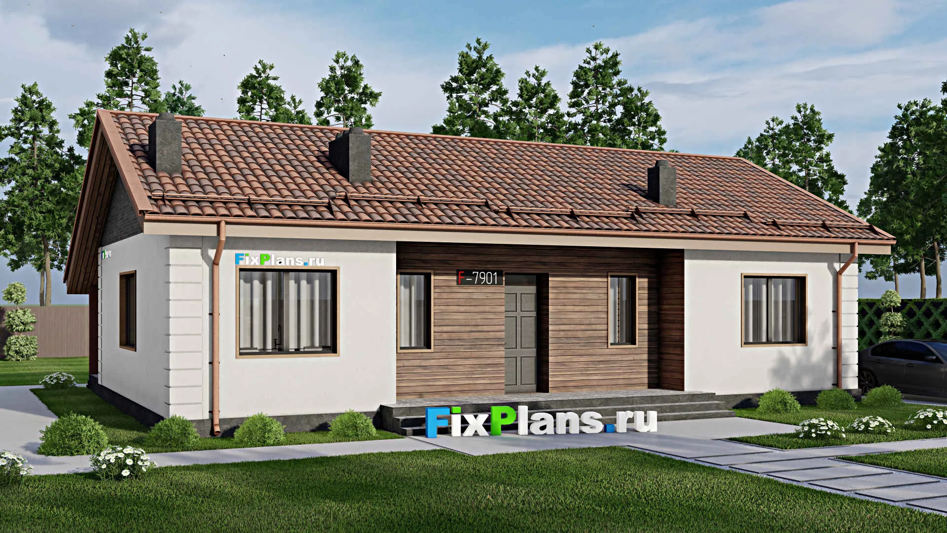 F-7901 - Проект одноэтажного дома 10 на 15, площадью 130 м² с террасой и 3 спальнями