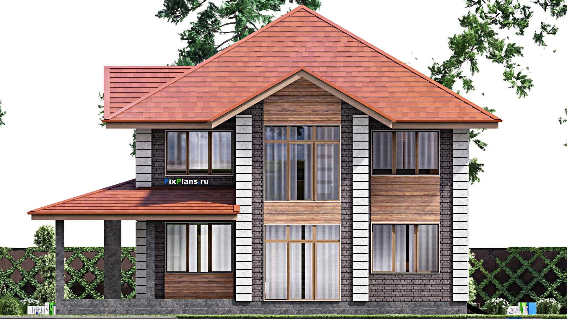 F-0341 - Планы двухэтажного дома 14 на 15, площадью 250 м² с террасой, балконом и 4 спальнями