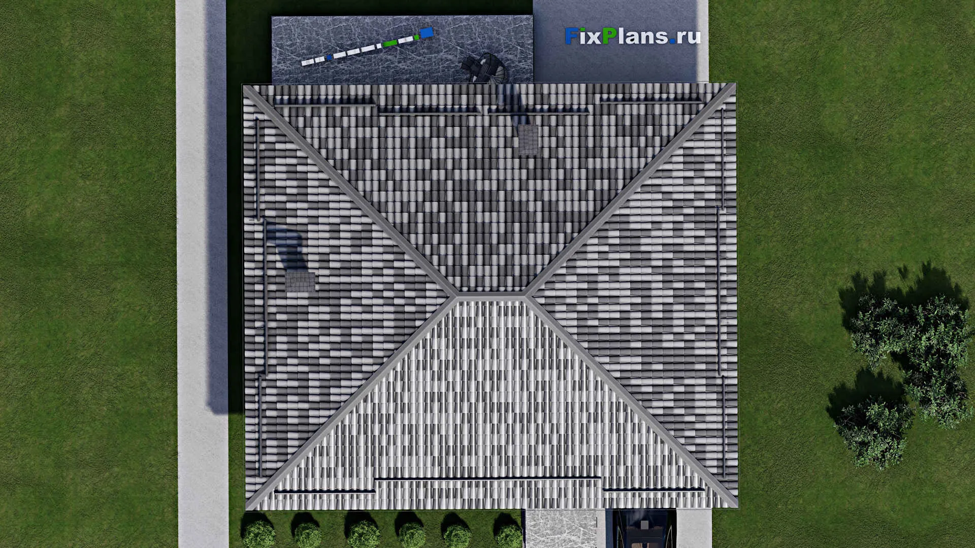 F-11195 - План одноэтажного дома 13 на 16, площадью 140 м² с террасой, гаражом на 1 машину и 3 спальнями