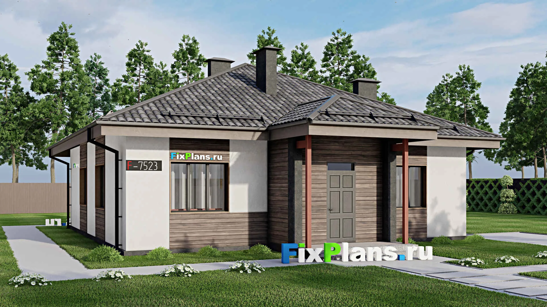 F-7523 - Проект одноэтажного дома 13 на 15, площадью 120 м² с 3 спальнями