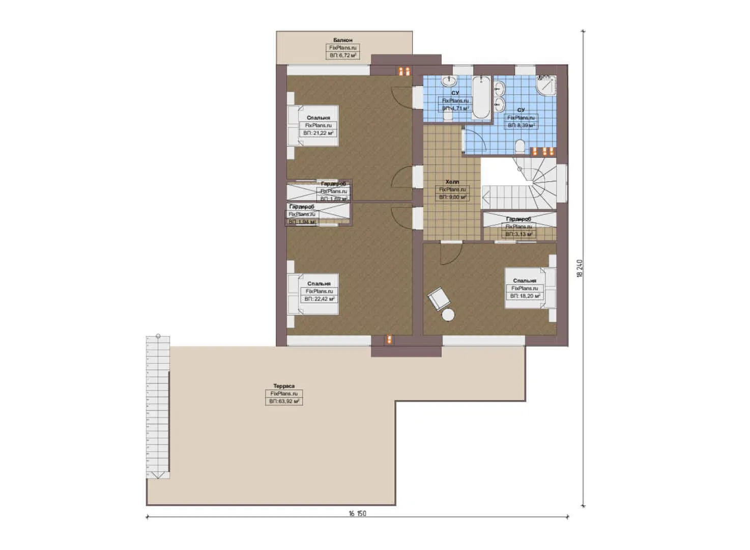 F-20699 - Планы дома с мансардой 16 на 18, площадью 360 м² с террасой, балконом, гаражом на 2 машины и 3 спальнями