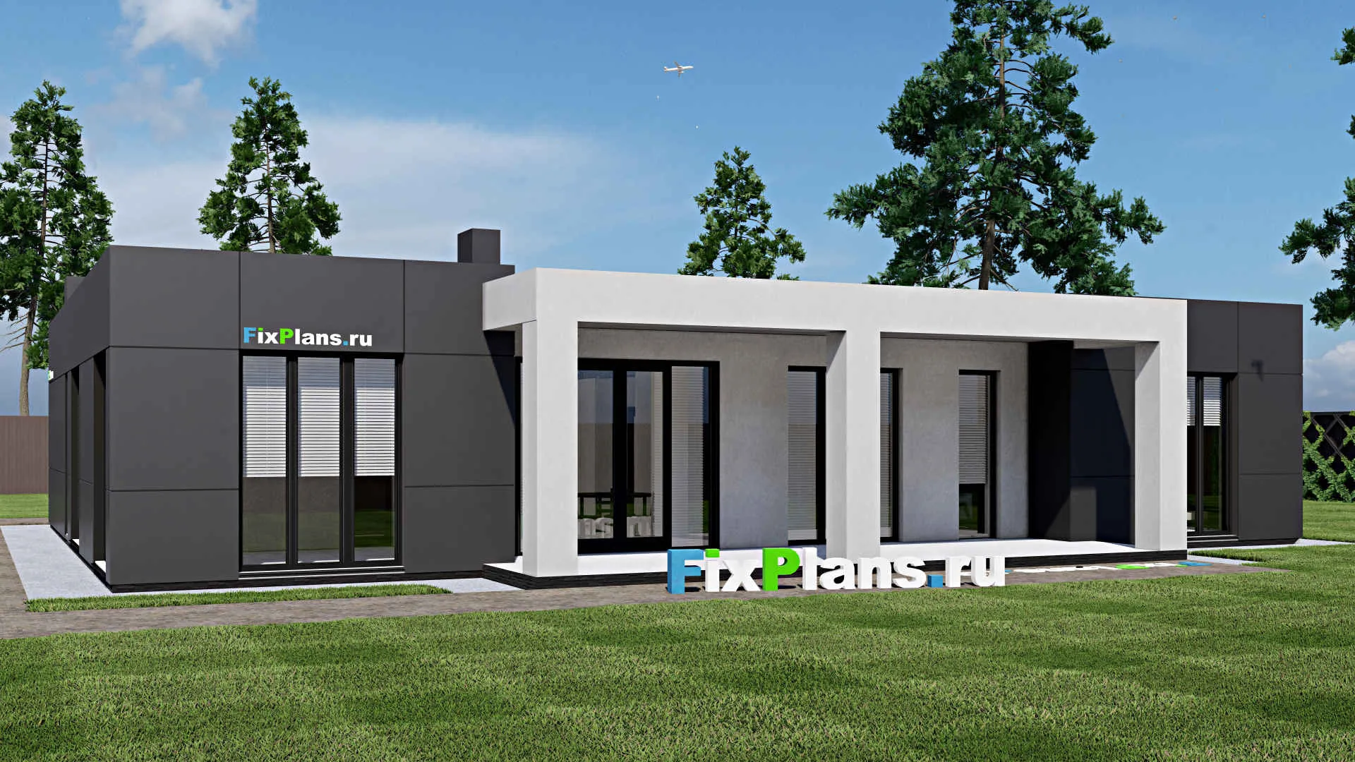 F-1079 - Проект одноэтажного дома 14 на 19, площадью 220 м² с террасой, гаражом на 1 машину и 3 спальнями