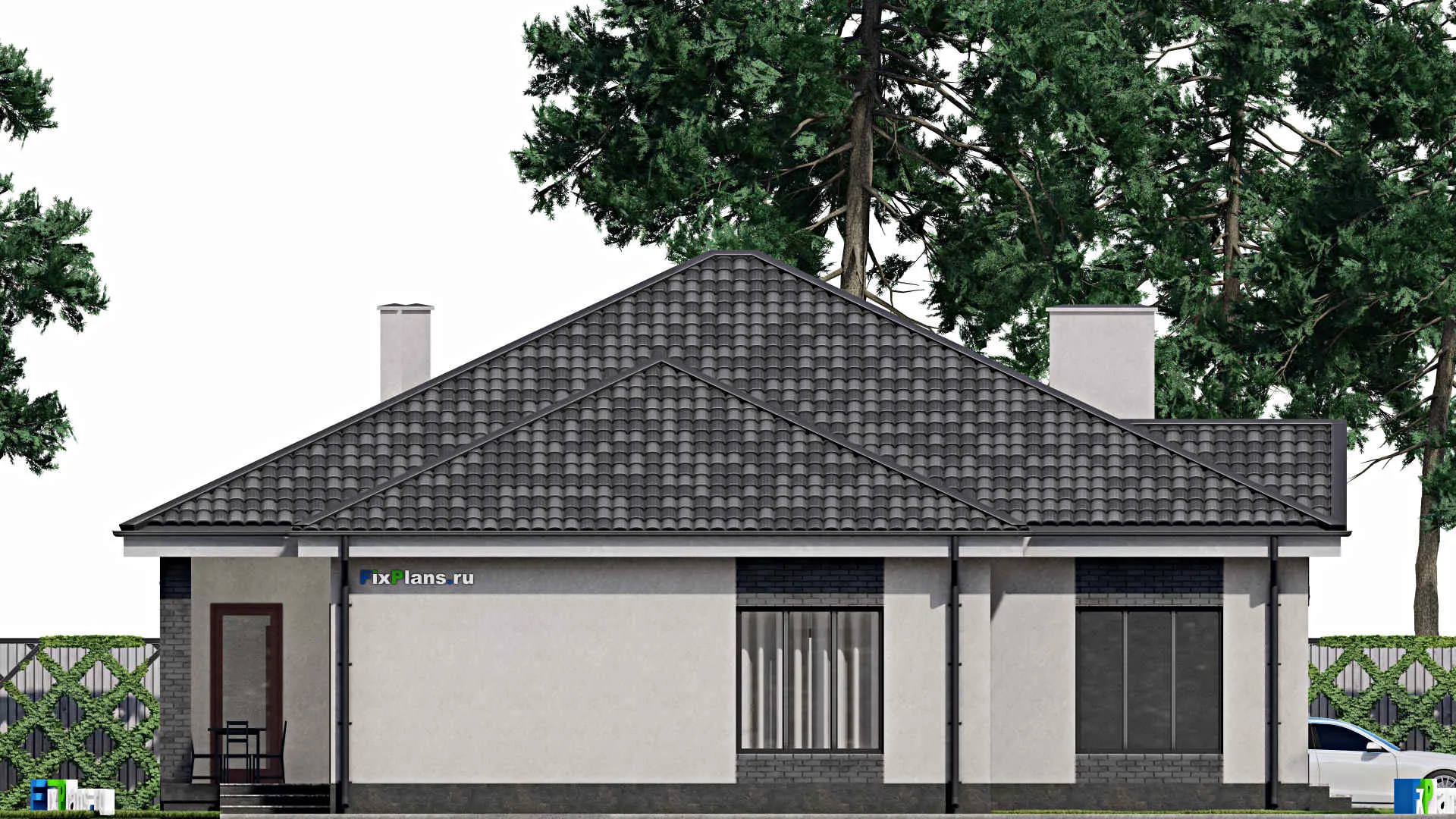 F-1745 - Проект одноэтажного дома 16 на 18, площадью 210 м² с террасой, баней и 2 спальнями