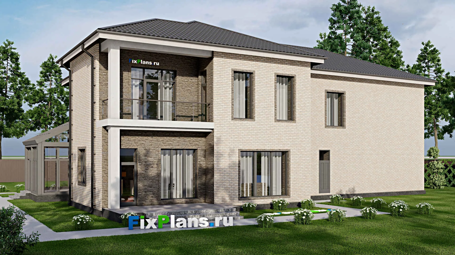 F-5507 - Проект двухэтажного дома 17 на 25, площадью 500 м² с террасой, балконом, гаражом на 2 машины и 4 спальнями