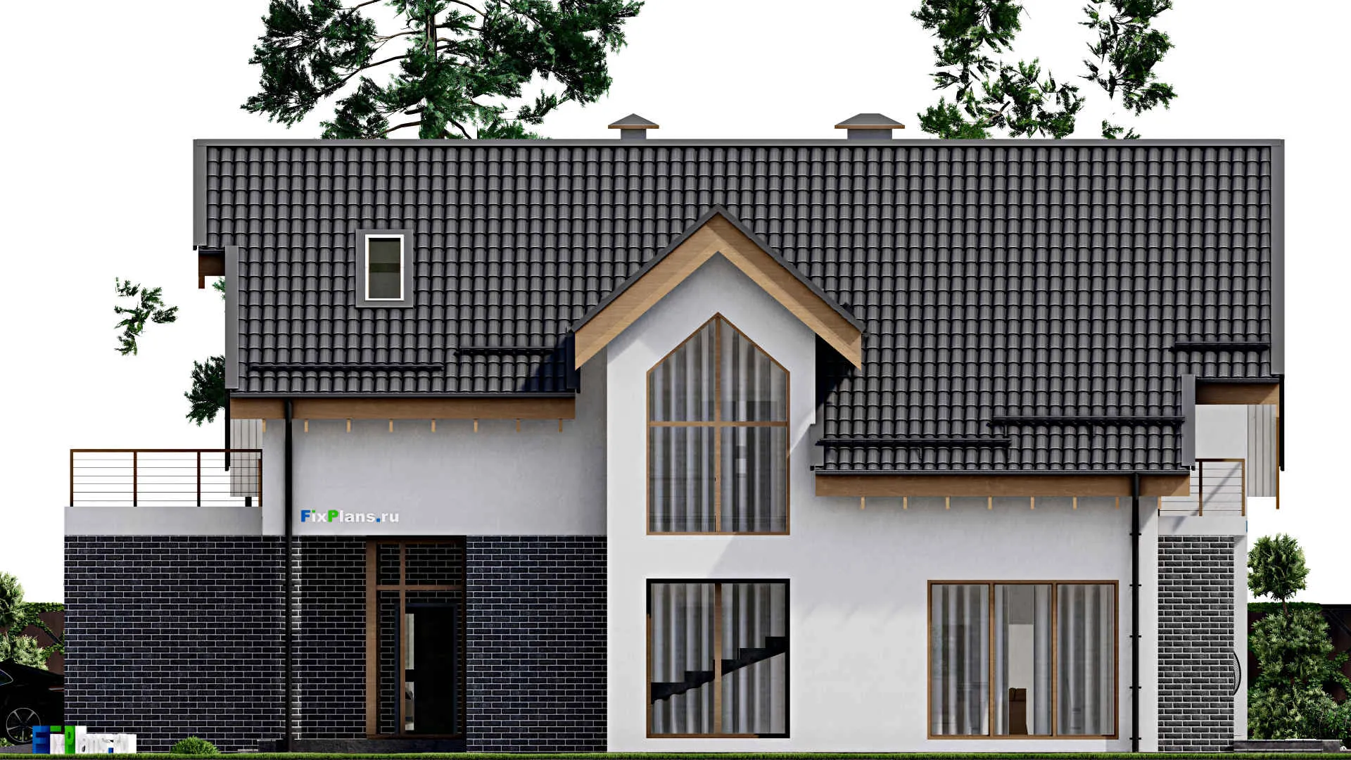 F-2924 - Проект дома с мансардой 11 на 19, площадью 240 м² с террасой, балконом, гаражом на 1 машину и 3 спальнями