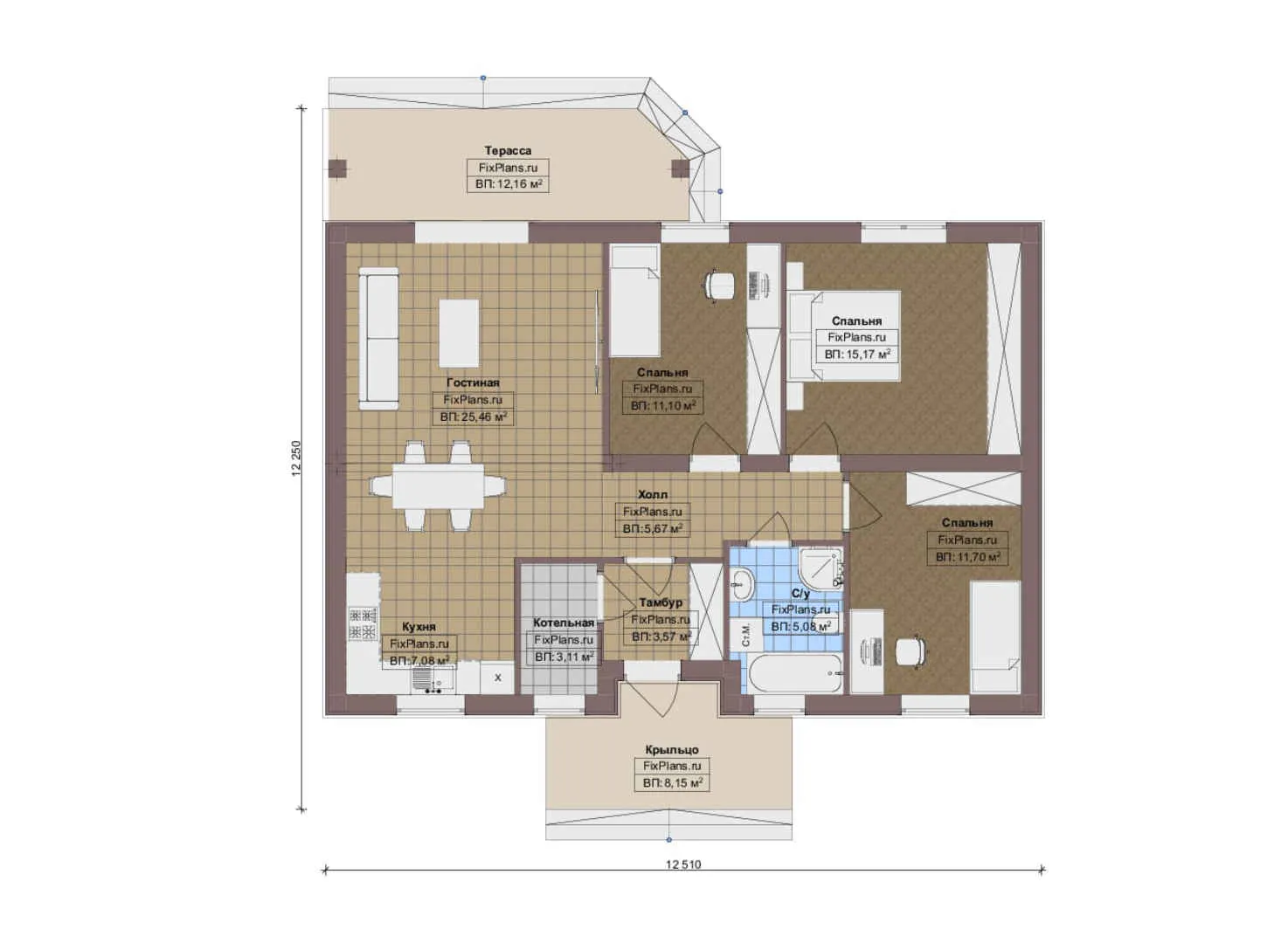 F-17261 - План одноэтажного дома 13 на 13, площадью 110 м² с террасой и 3 спальнями