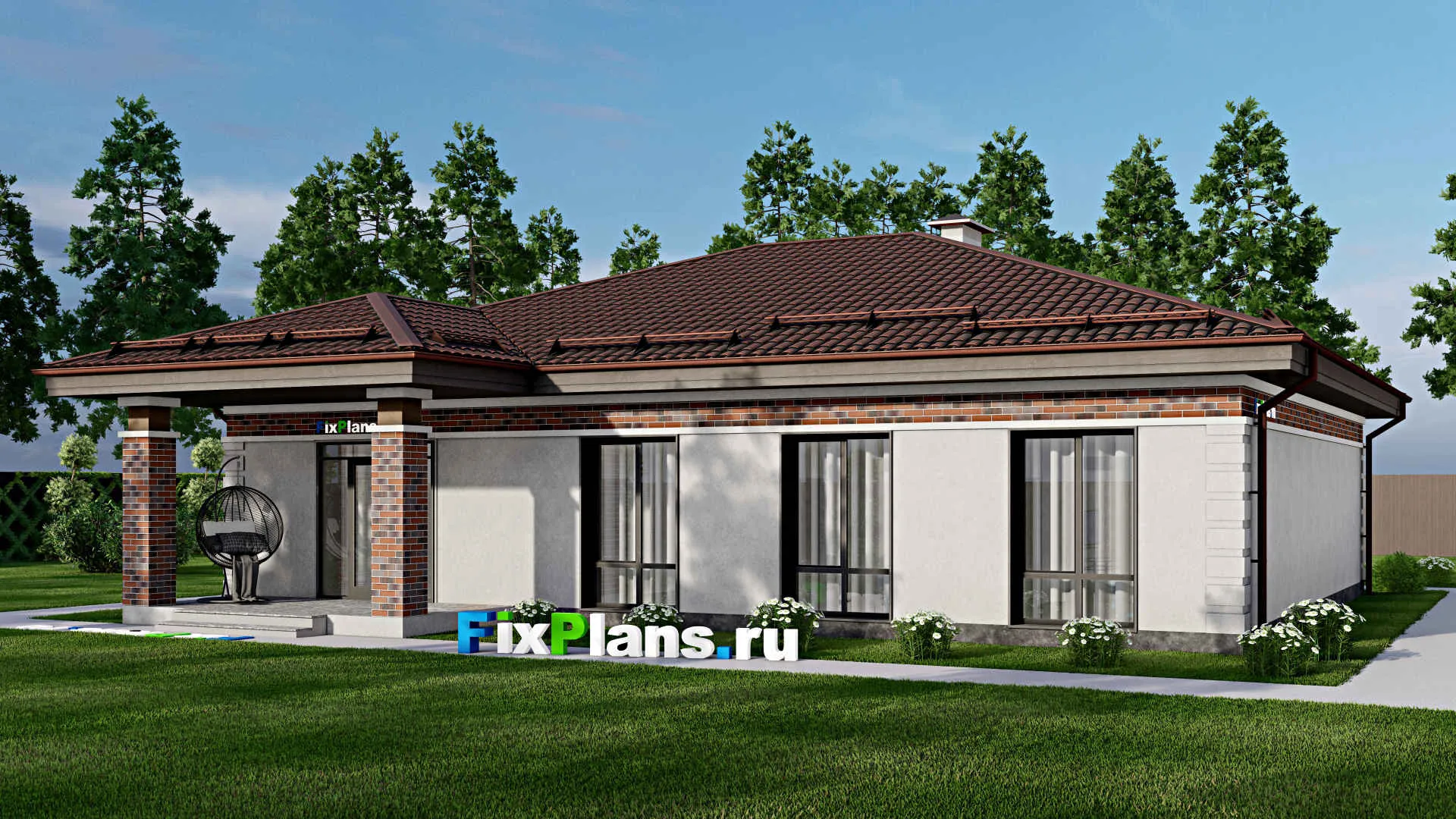 F-2519 - Проект одноэтажного дома 13 на 16, площадью 170 м² с террасой и 4 спальнями