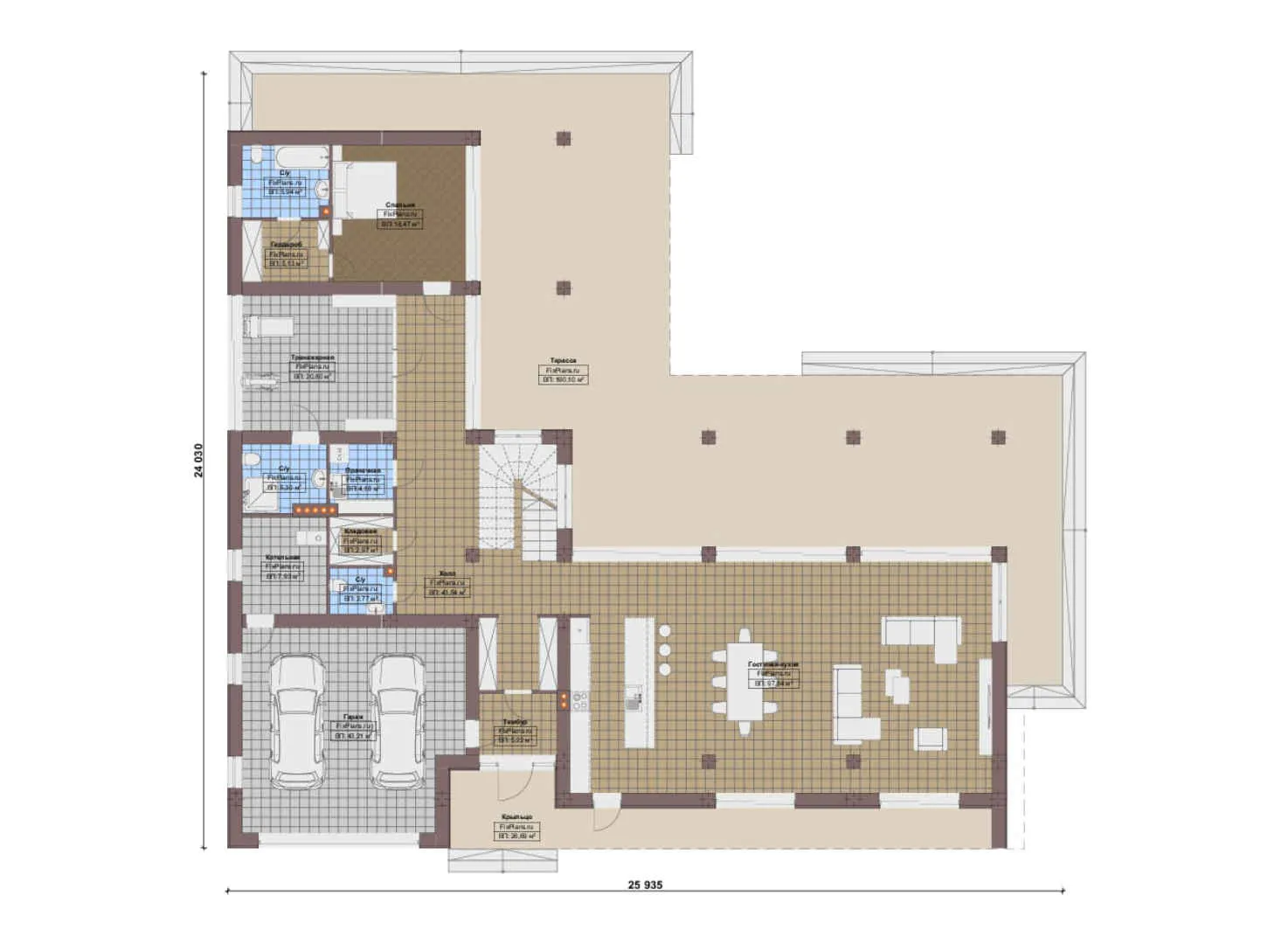 F-16028 - Планы двухэтажного дома 25 на 26, площадью 850 м² с террасой, балконом, гаражом на 2 машины и 5 спальнями