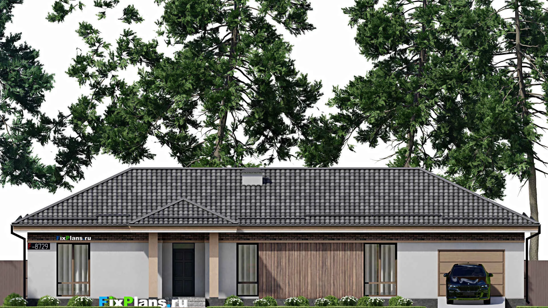 F-8729 - План одноэтажного дома 12 на 23, площадью 170 м² с террасой, гаражом на 1 машину и 3 спальнями