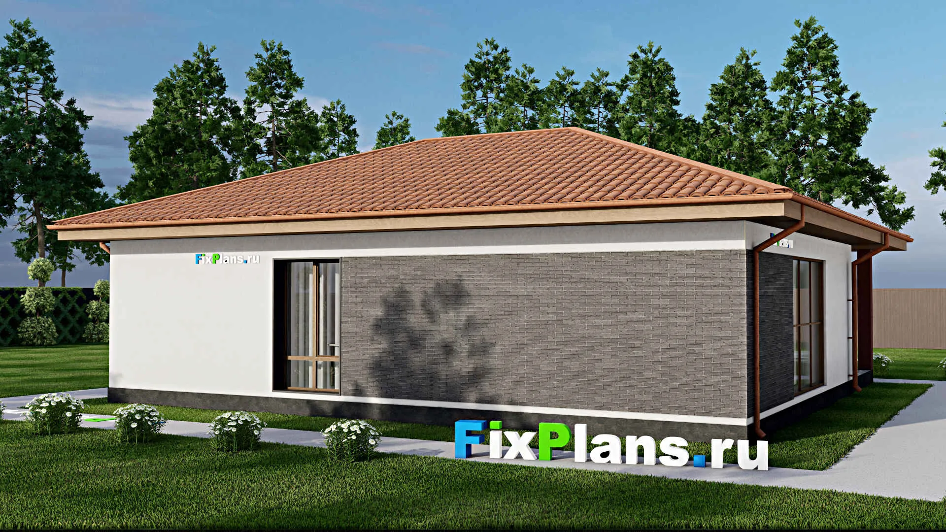 F-10646 - Проект одноэтажного дома 13 на 13, площадью 120 м² с террасой и 3 спальнями