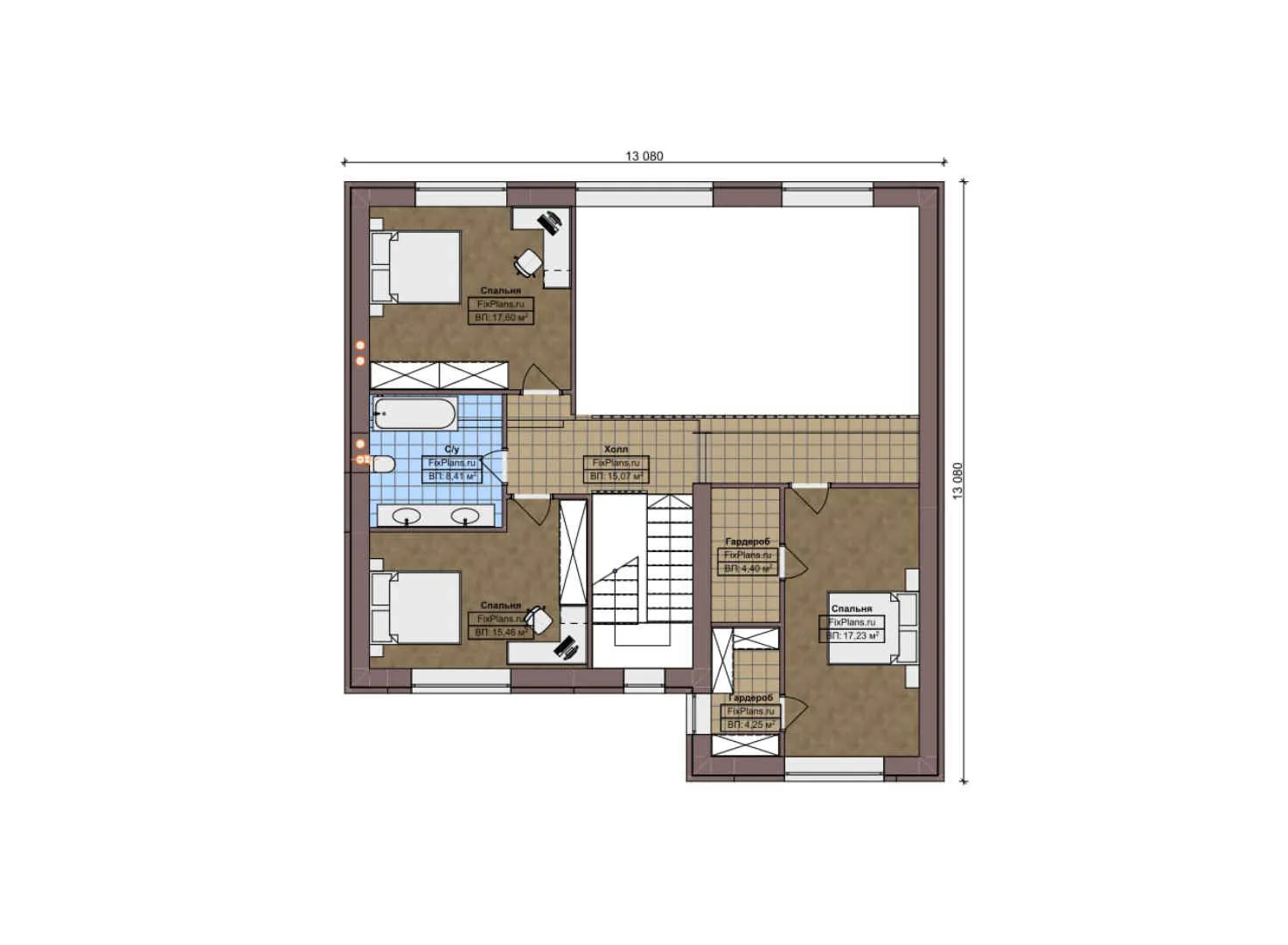 F-6497 - Планы дома с мансардой 14 на 14, площадью 250 м² с террасой, гаражом на 1 машину и 3 спальнями