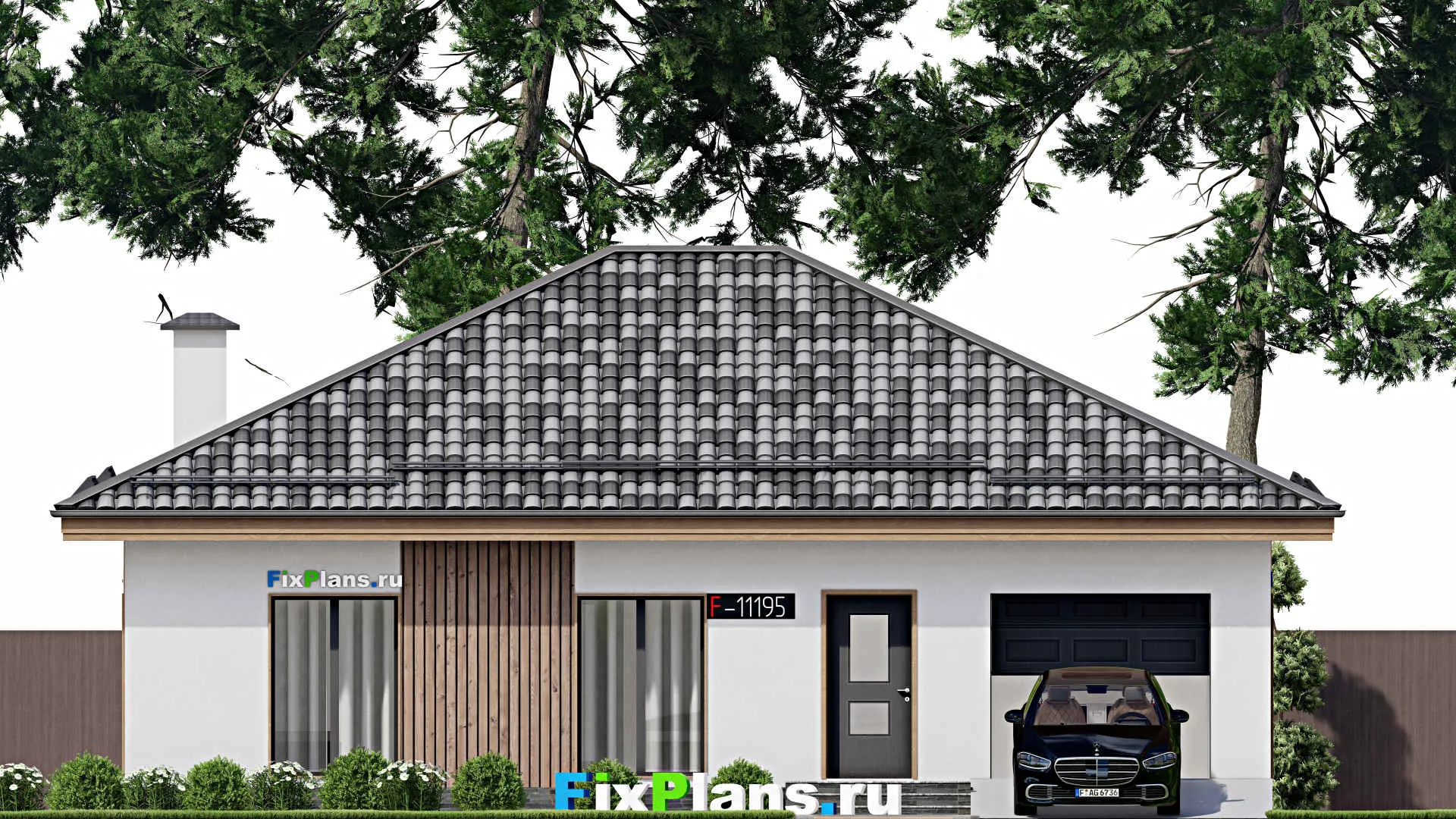 F-11195 - План одноэтажного дома 13 на 16, площадью 140 м² с террасой, гаражом на 1 машину и 3 спальнями