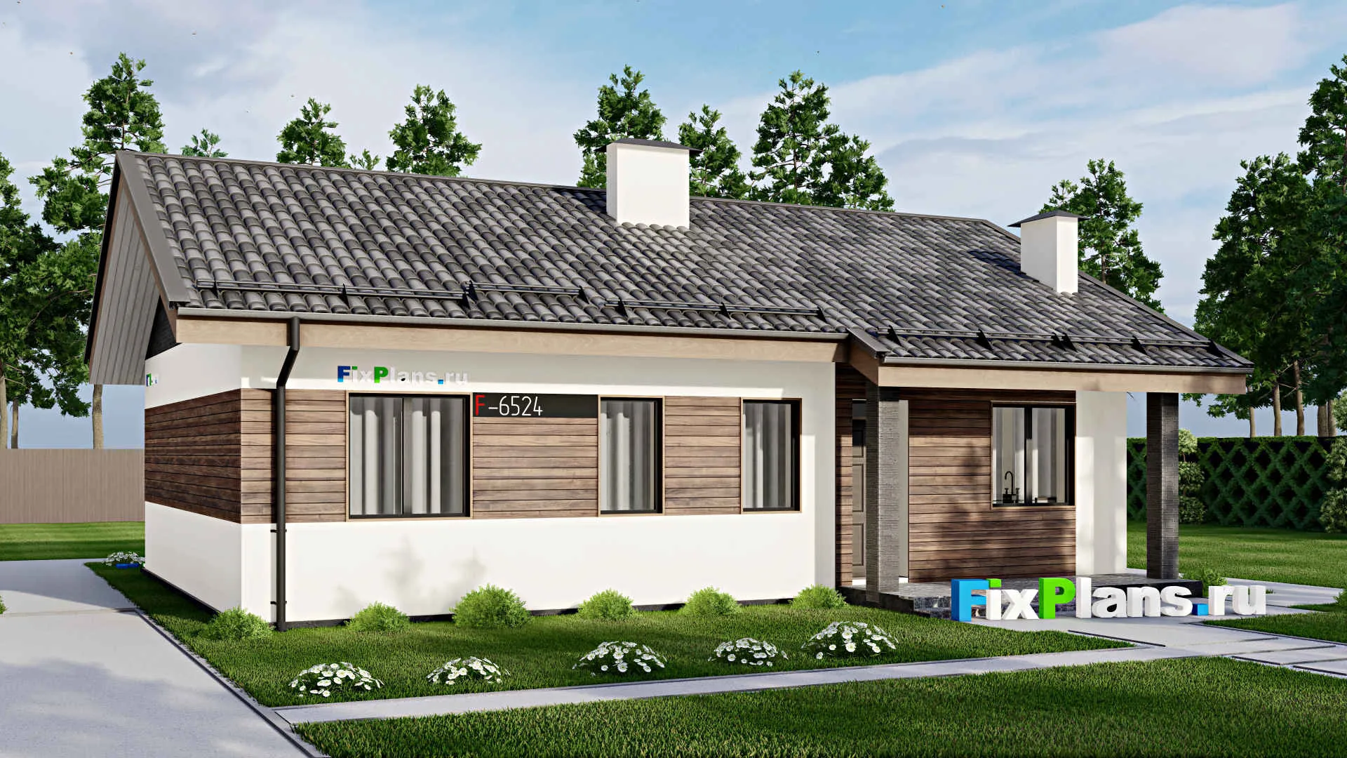 F-6524 - Проект одноэтажного дома 10 на 13, площадью 110 м² с террасой и 3 спальнями