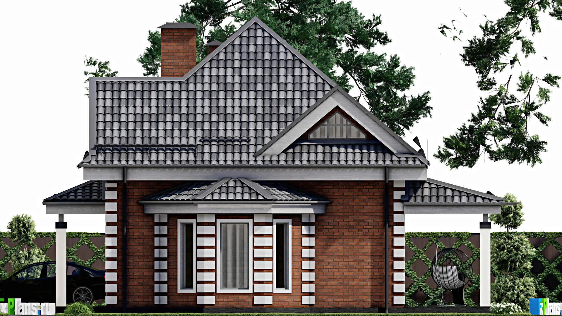 F-5282 - Проект дома с мансардой 13 на 14, площадью 150 м² с террасой, гаражом на 1 машину и 4 спальнями