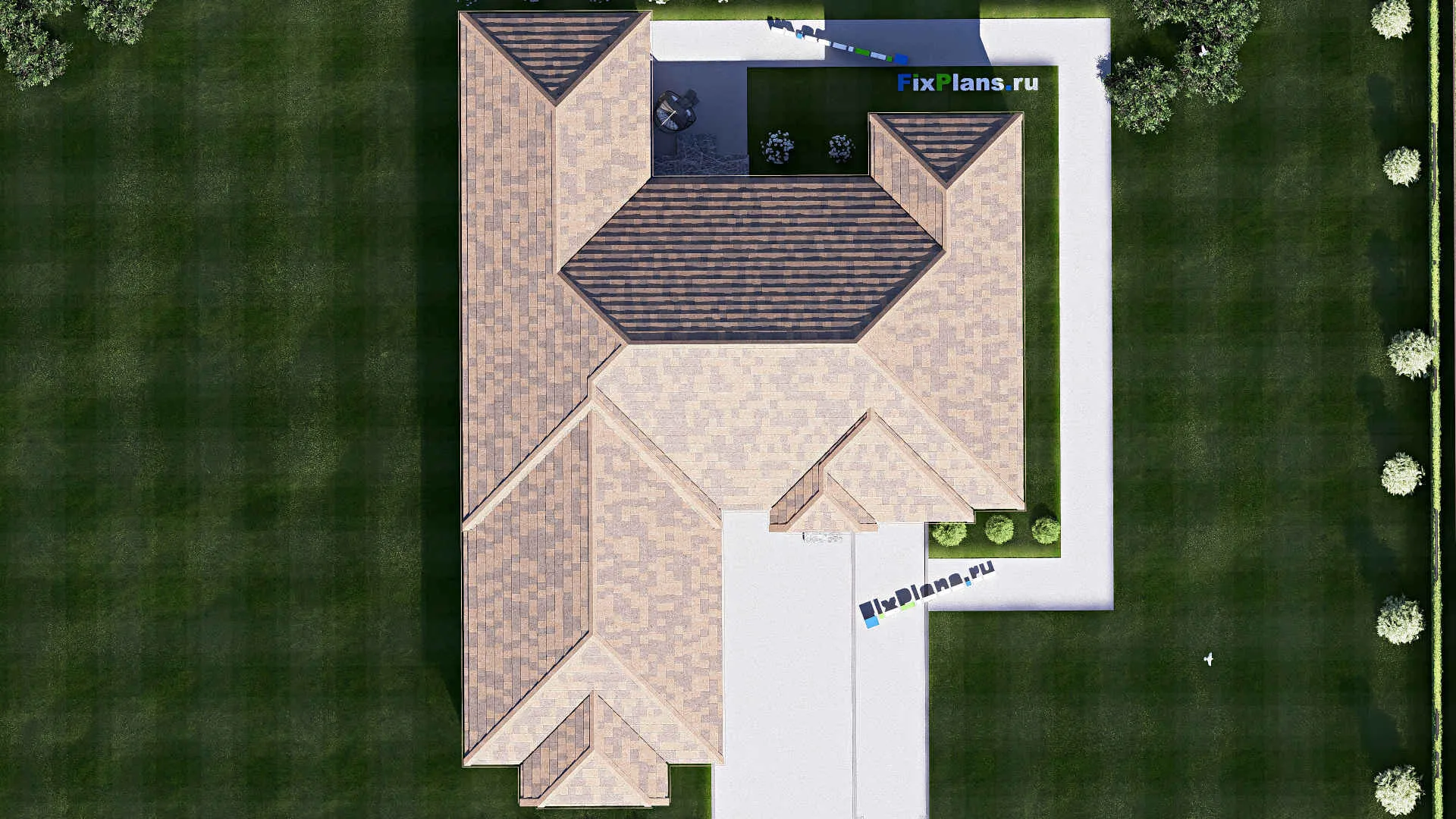 F-20177 - Проект одноэтажного дома 16 на 23, площадью 190 м² с гаражом на 2 машины и 3 спальнями