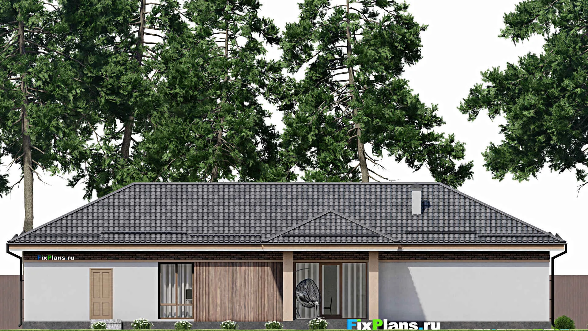 F-8729 - План одноэтажного дома 12 на 23, площадью 170 м² с террасой, гаражом на 1 машину и 3 спальнями