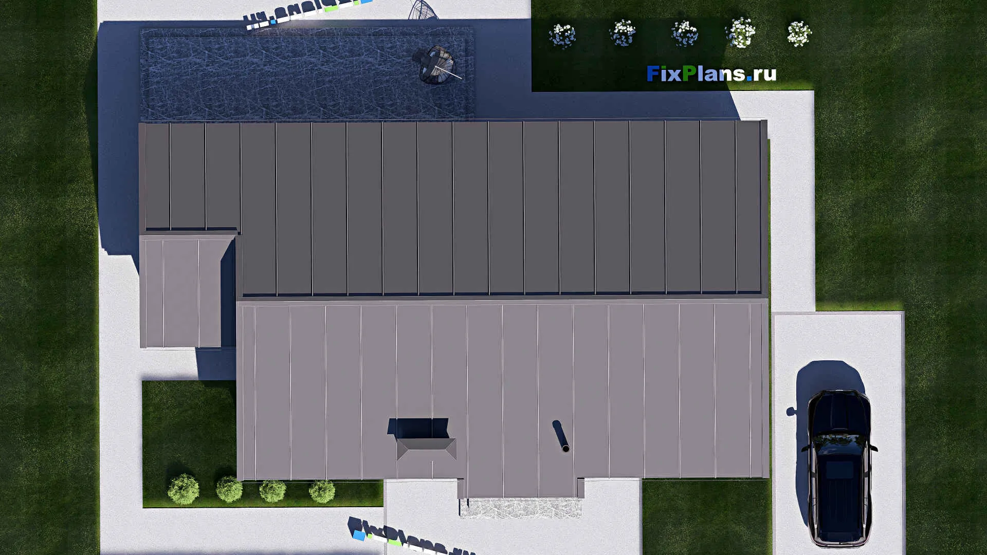 F-19169 - План одноэтажного дома 15 на 19, площадью 170 м² с террасой и 3 спальнями