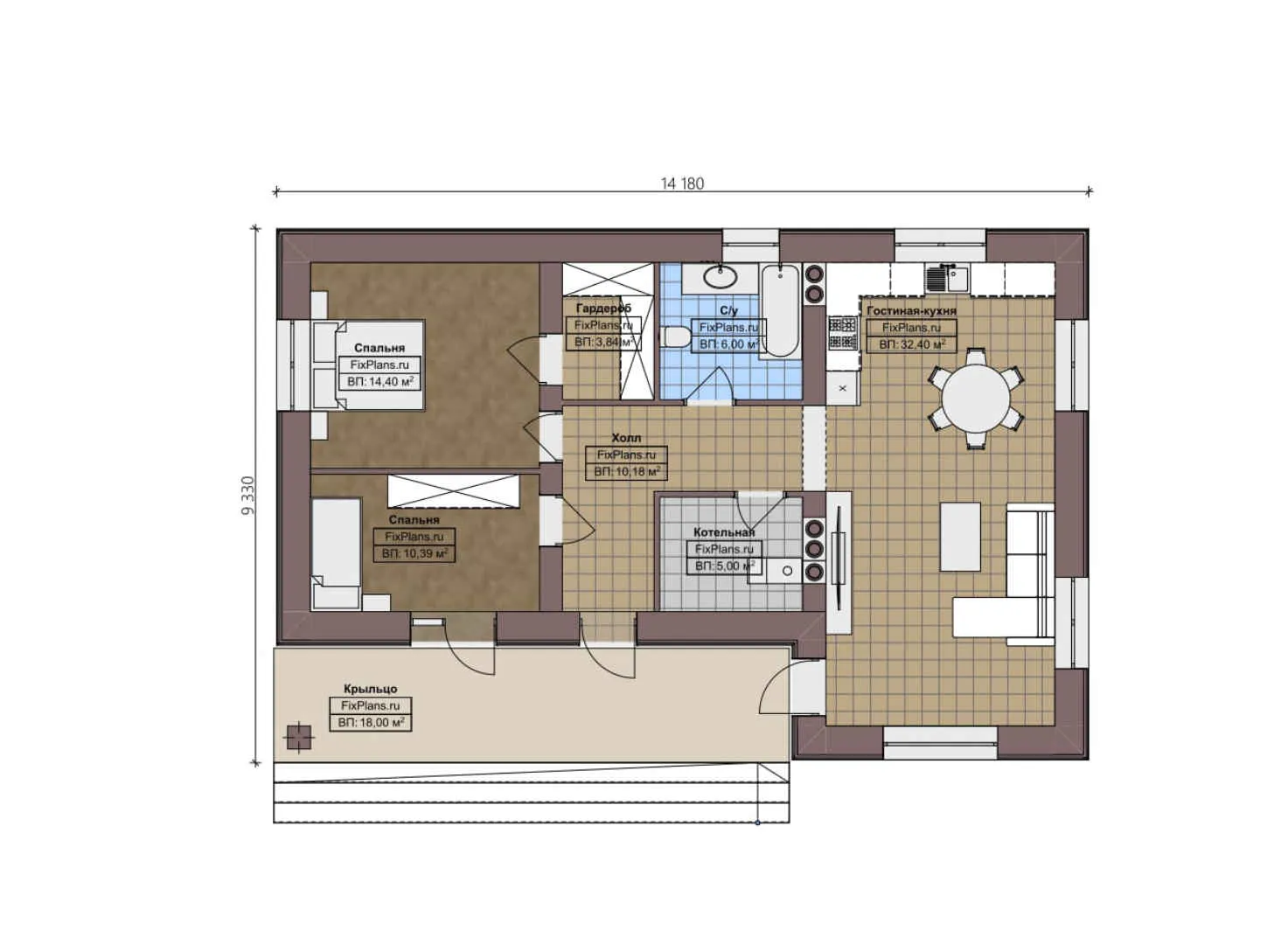 F-2636 - План одноэтажного дома 10 на 15, площадью 100 м² с 2 спальнями