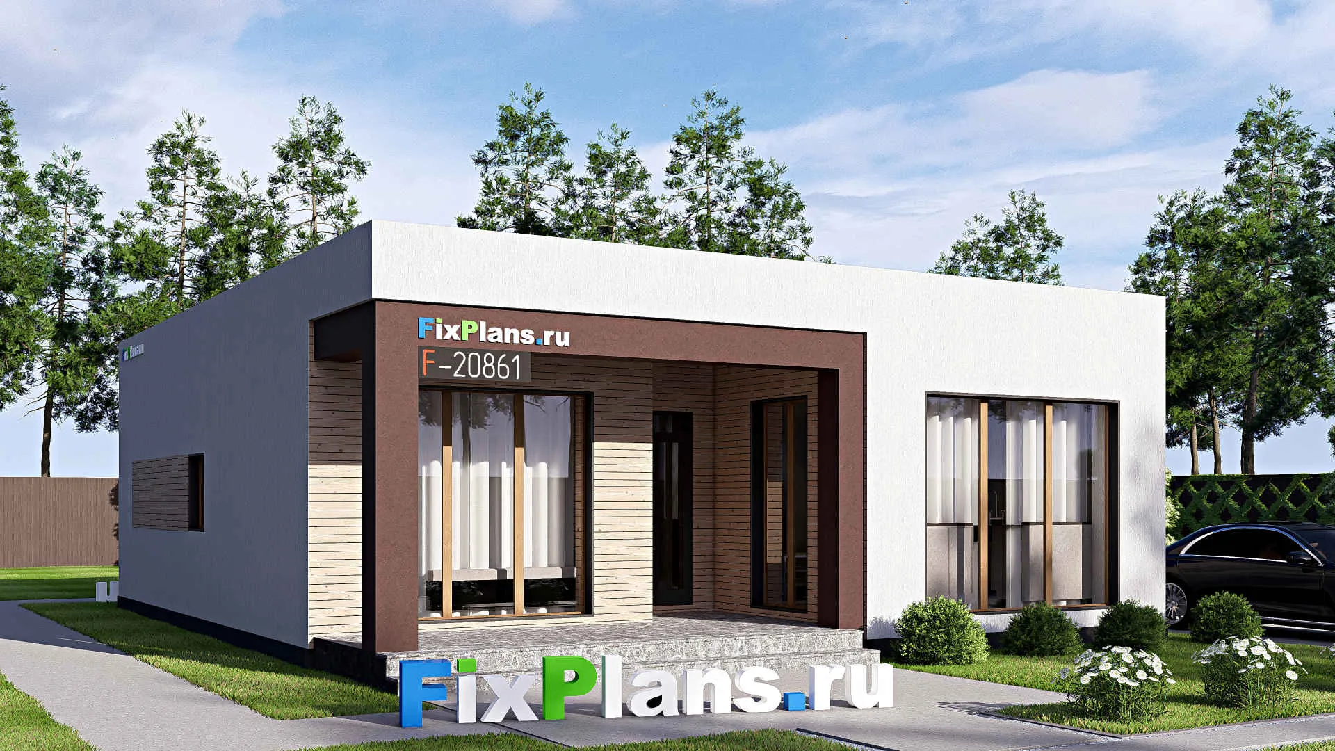 F-20861 - Проект одноэтажного дома 11 на 13, площадью 100 м² с террасой и 3 спальнями