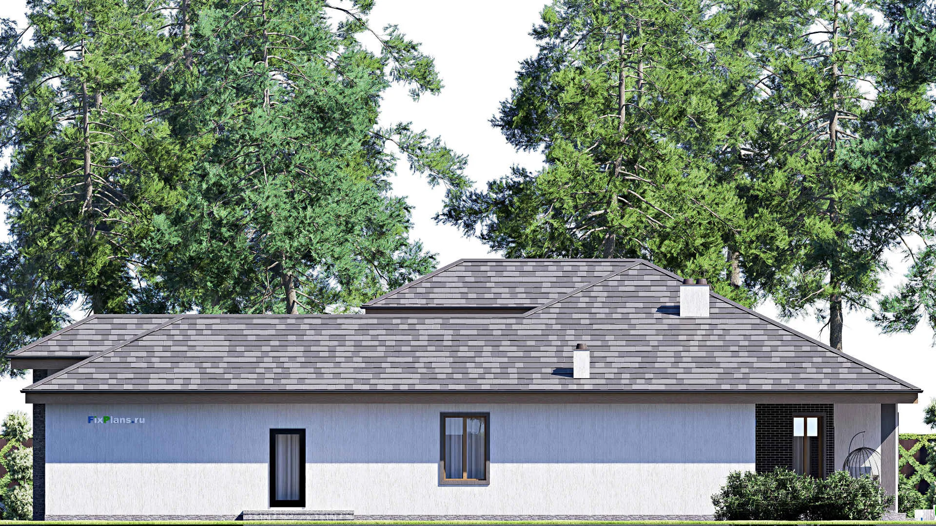 F-17297 - План одноэтажного дома 20 на 24, площадью 300 м² с террасой, гаражом на 2 машины и 4 спальнями