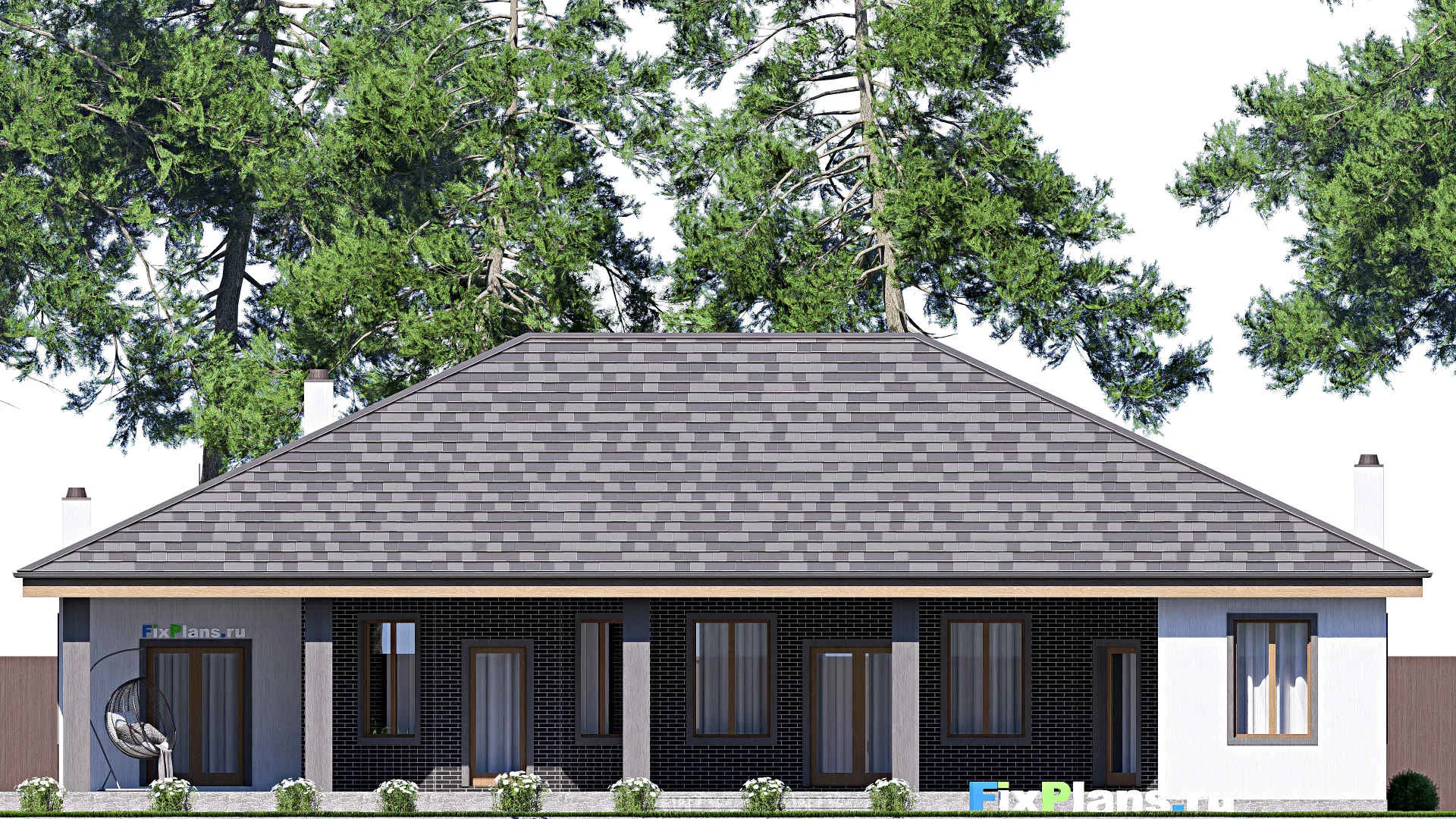 F-17297 - План одноэтажного дома 20 на 24, площадью 300 м² с террасой, гаражом на 2 машины и 4 спальнями