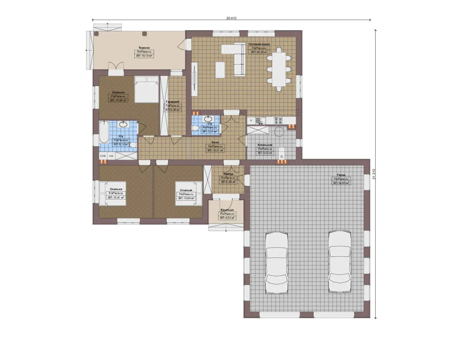 F-13319 - План одноэтажного дома 21 на 22, площадью 260 м² с террасой, гаражом на 2 машины и 3 спальнями