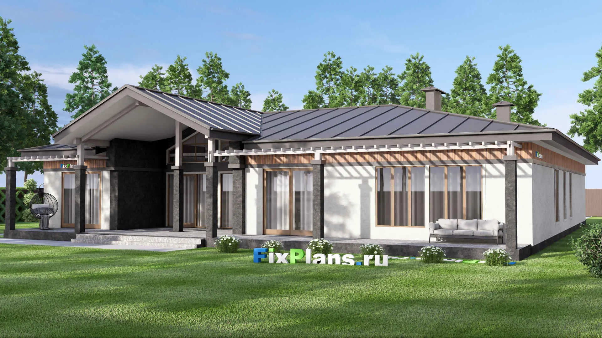 F-15281 - Проект одноэтажного дома 23 на 25, площадью 410 м² с террасой, баней, гаражом на 2 машины и 3 спальнями